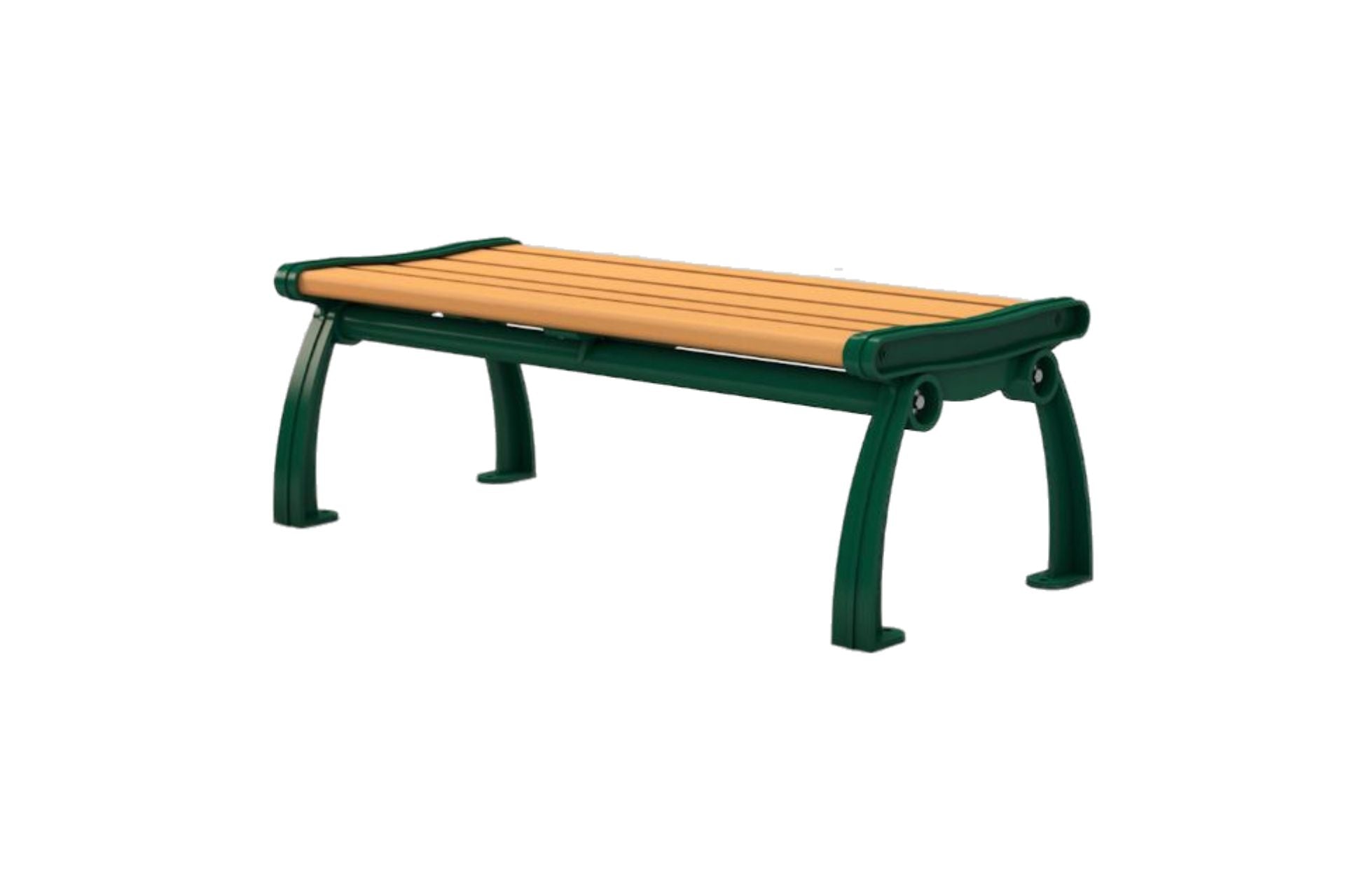 Heritage Backless Bench with green powder-coated cast aluminum frame and natural resinwood slats, sturdy park seating