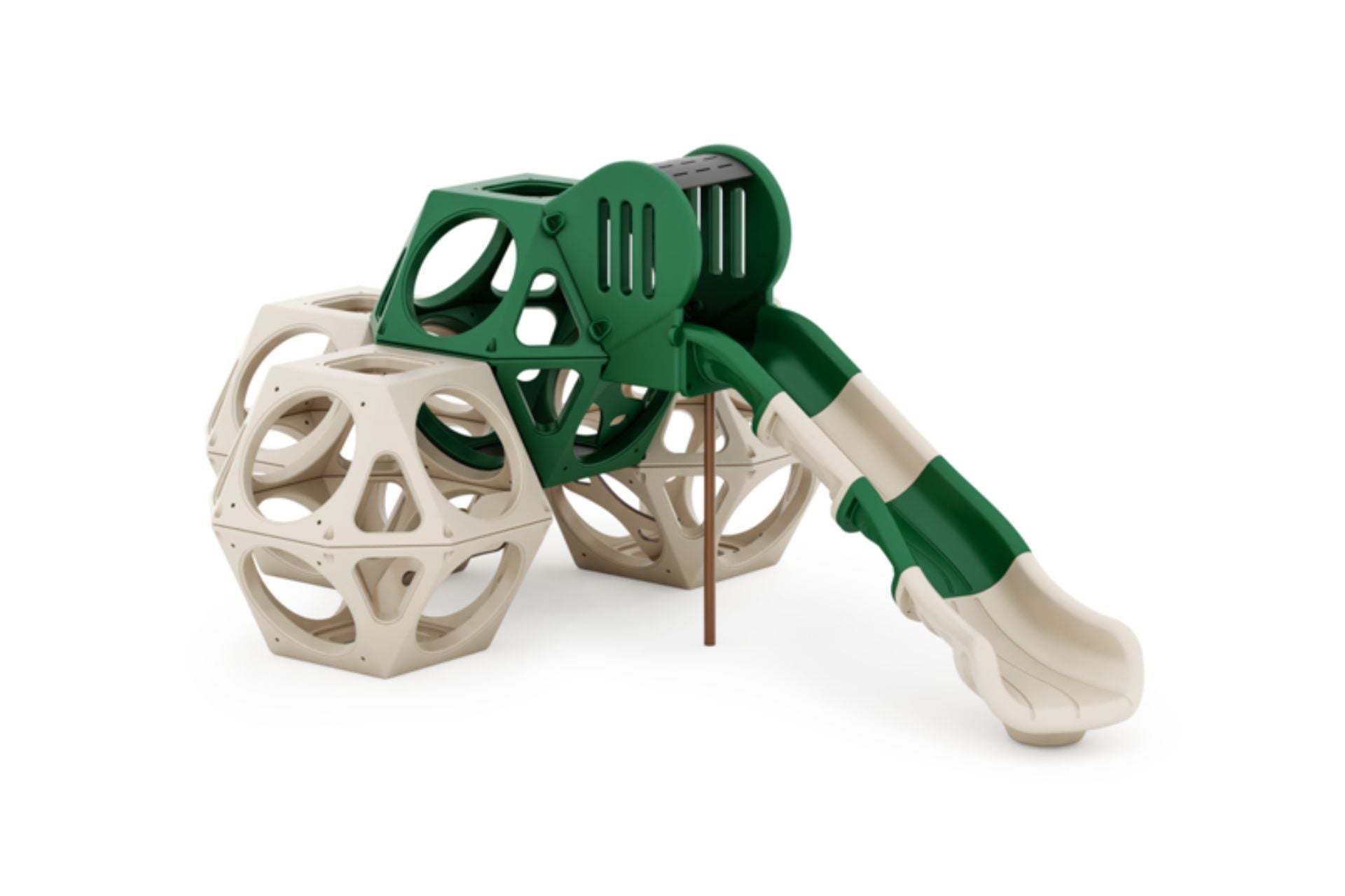 Skqube Cube Climbing Slide with stackable green and tan cubes and attached slide for outdoor physical play and creativity