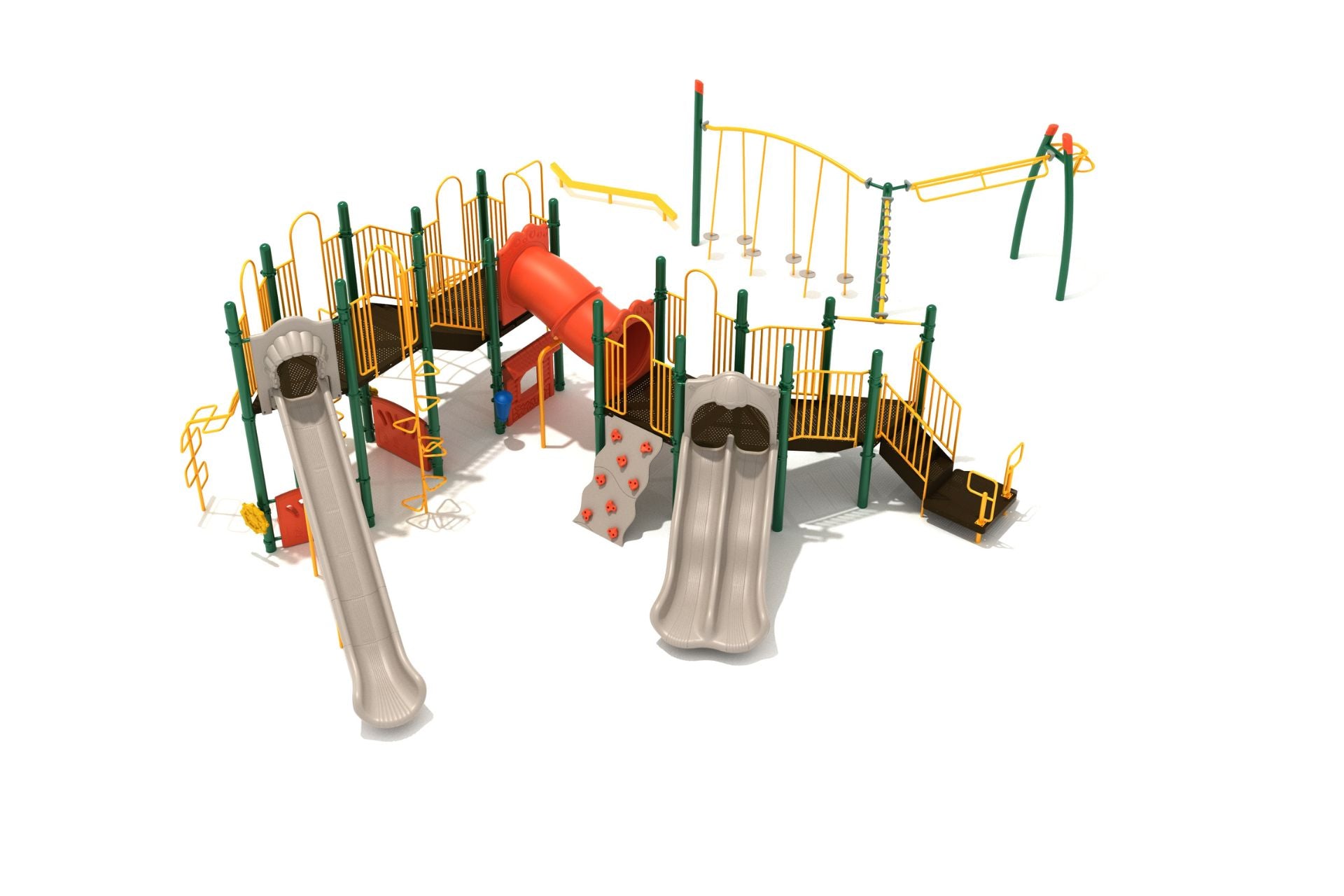 Foraker Playground large play system with green, yellow, and orange slides, climbing walls, tube bridge, and overhead swinging ladder