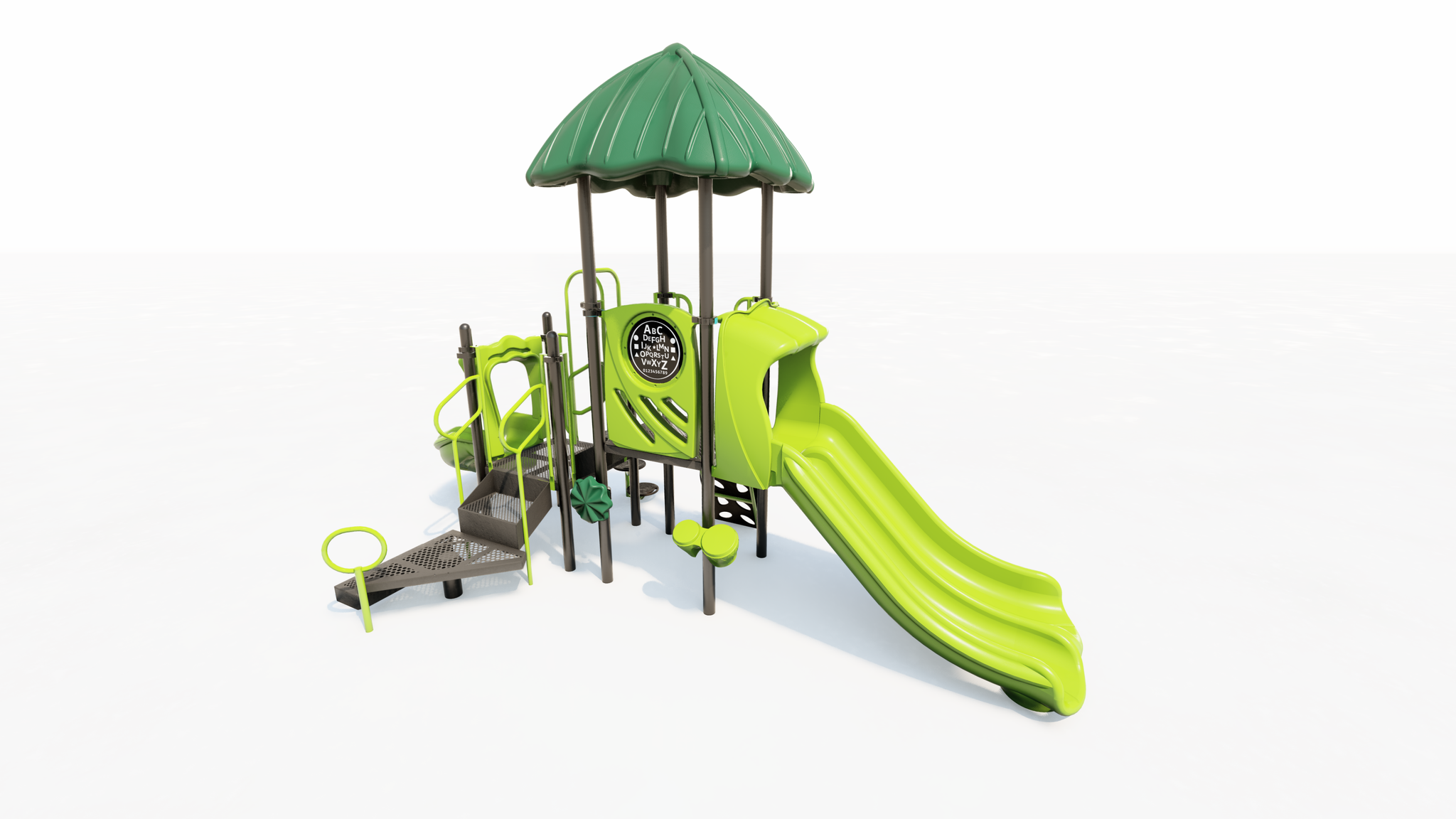 Compact green and brown playground with dual slides, climbing steps, sensory panel, and leaf-shaped roof