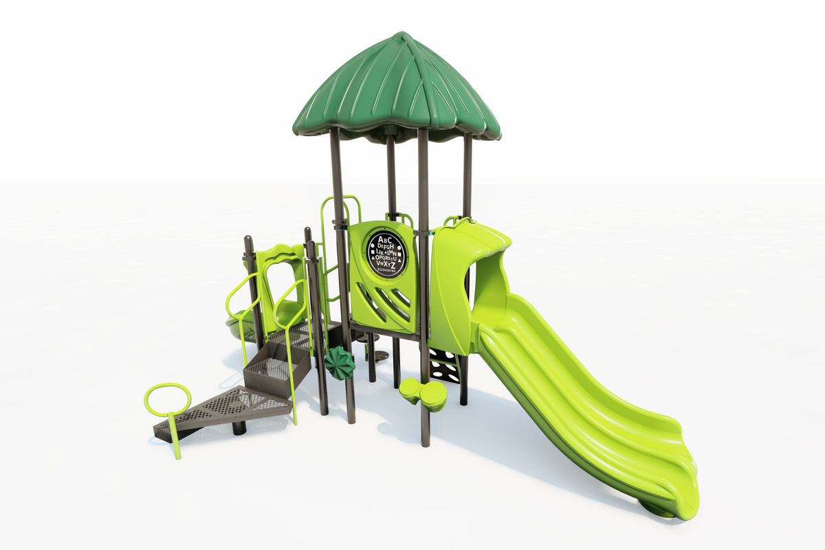 Compact green and brown playground with dual slides, climbing steps, sensory panel, and leaf-shaped roof