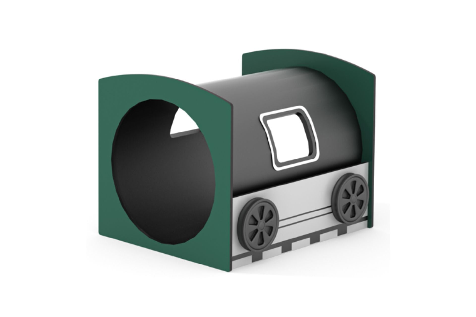 Train Crawl Tunnel Carriage with green ends, black cylindrical body, decorative train wheels and window, climbing tunnel for kids' play areas