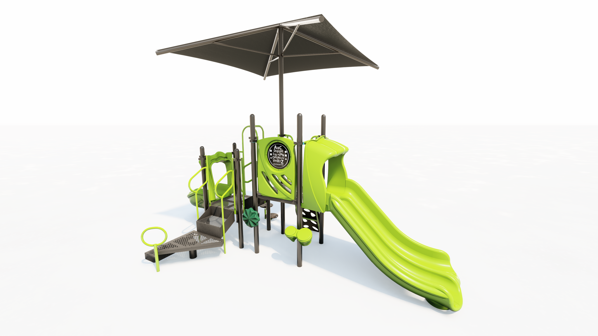 Compact playground featuring dual green slides, climbing elements, sensory panel, bongos, rain wheel, and large shade canopy