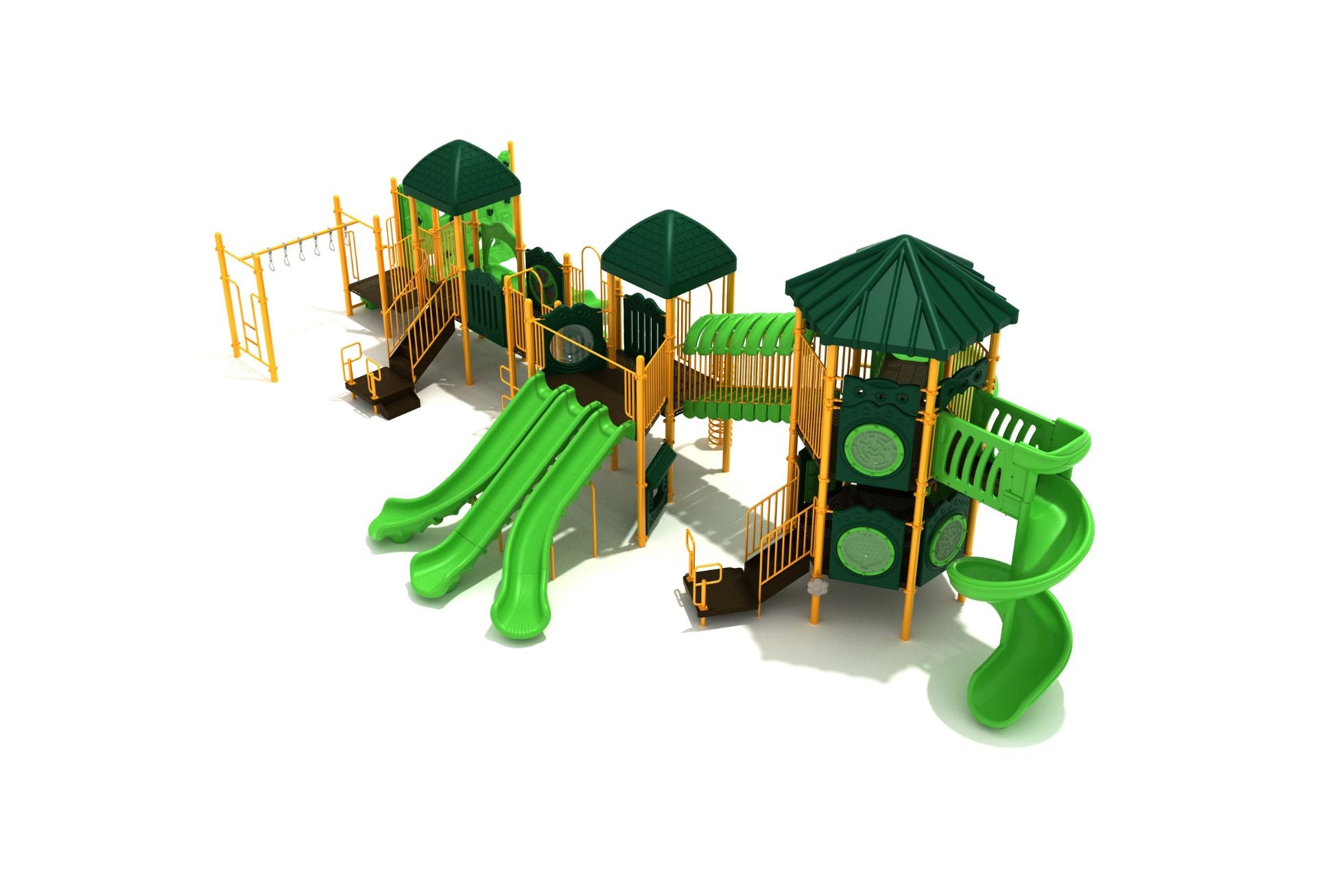 Large green and yellow playground structure with multiple slides, climbing elements, and covered platforms