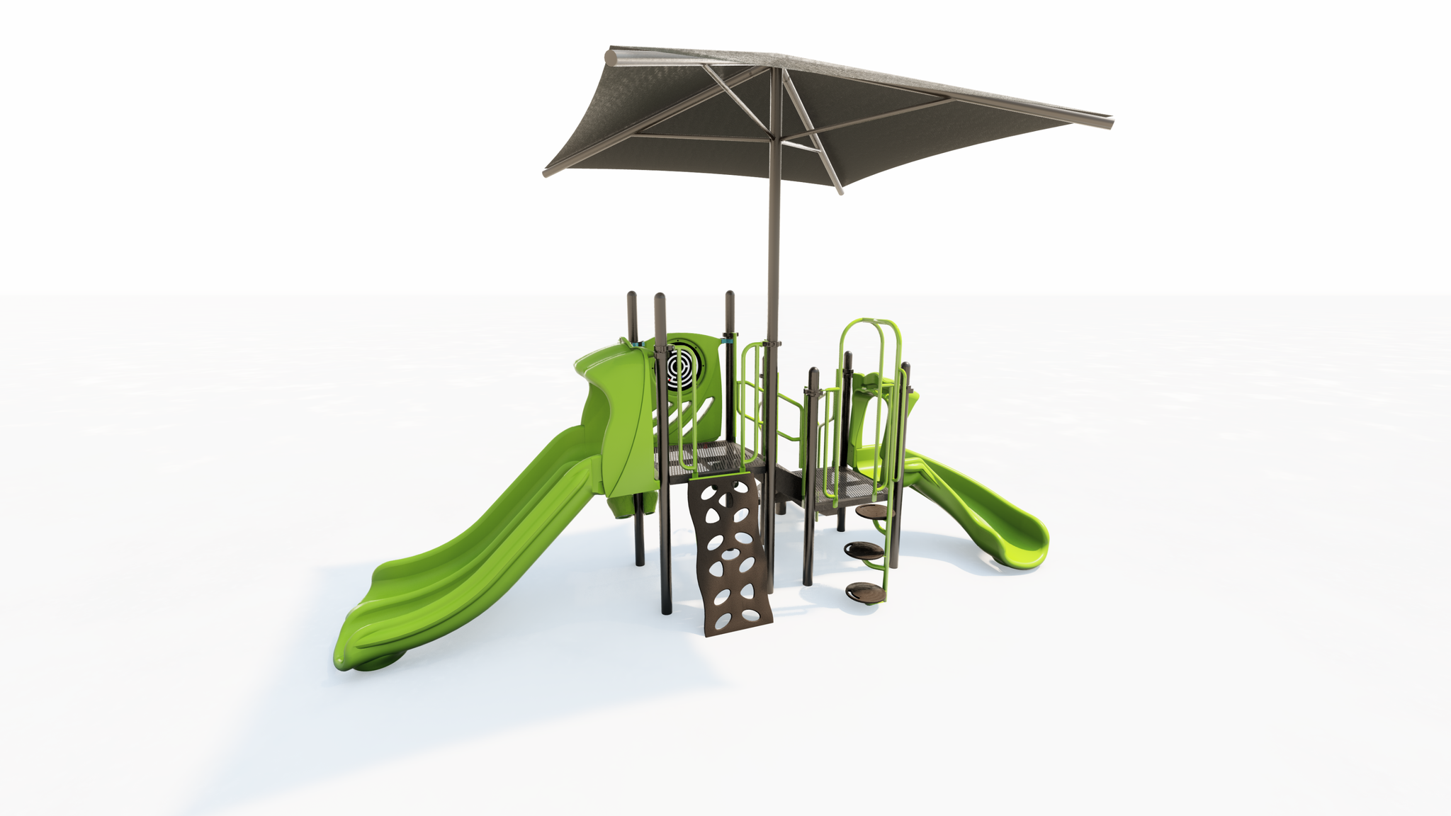 Compact green playground with two slides, climbing wall, spiral steps, and large shade canopy for active play and sensory engagement.