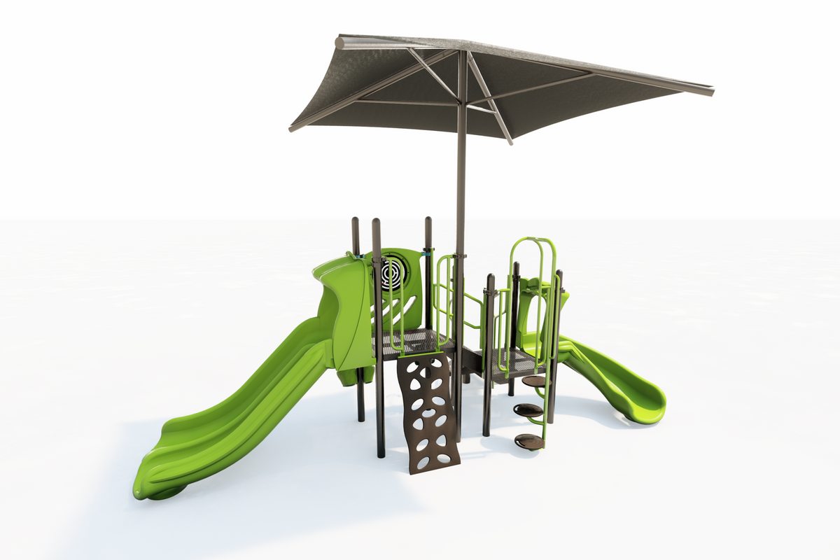 Compact green playground with two slides, climbing wall, spiral steps, and large shade canopy for active play and sensory engagement.