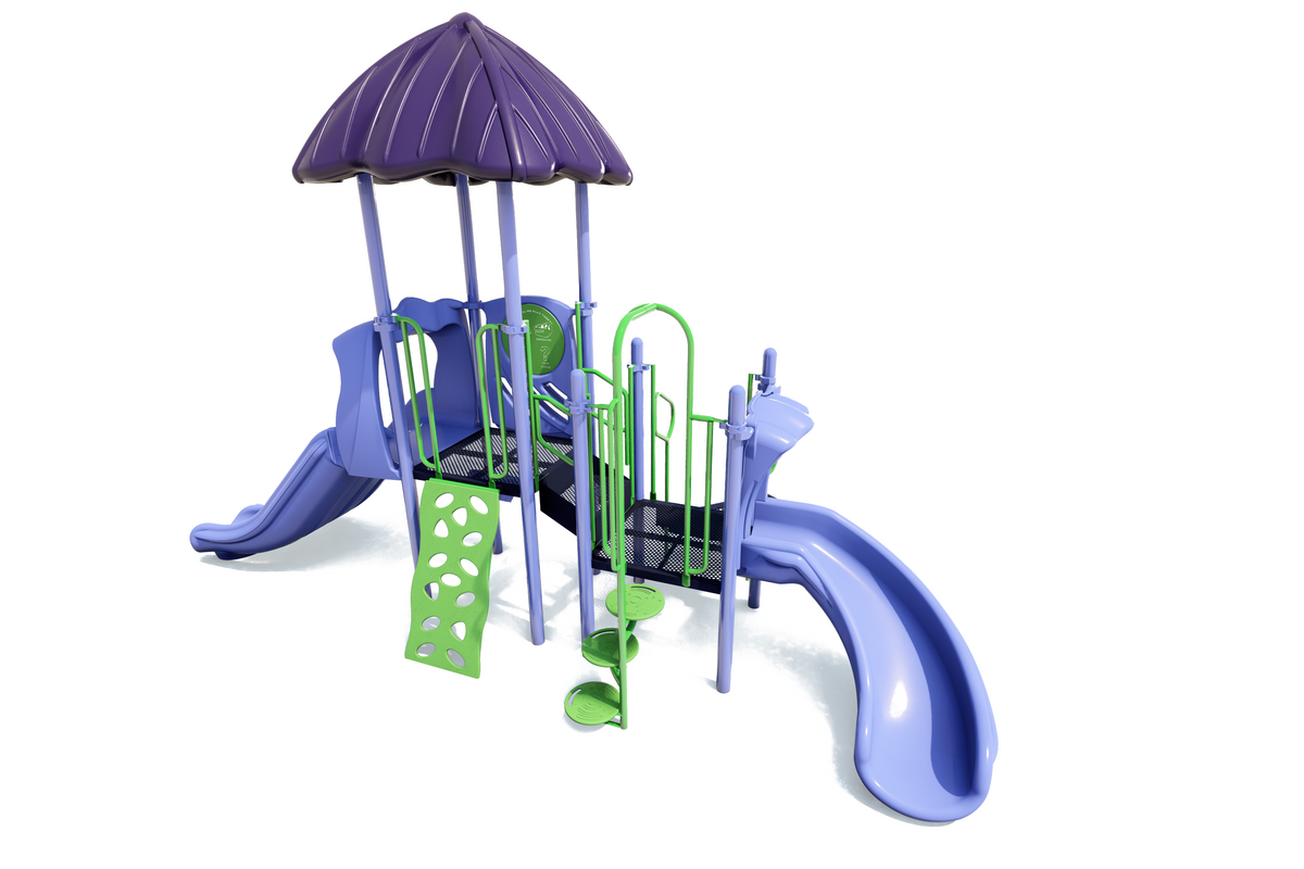 Compact playground with purple roof, two blue slides, green climbing wall, and spiral step climbers in vibrant colors
