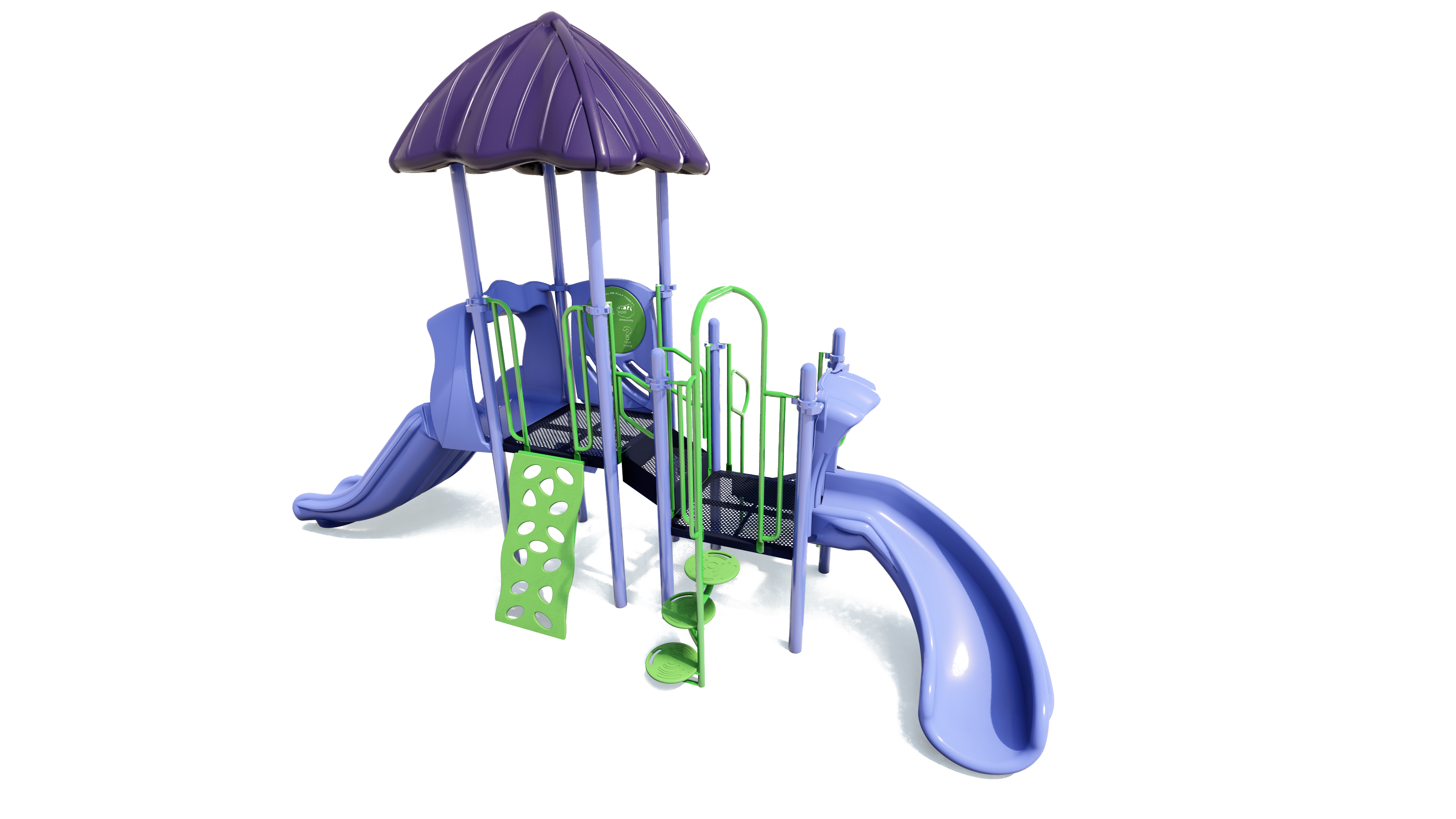 Compact playground with purple roof, two blue slides, green climbing wall, and spiral step climbers in vibrant colors