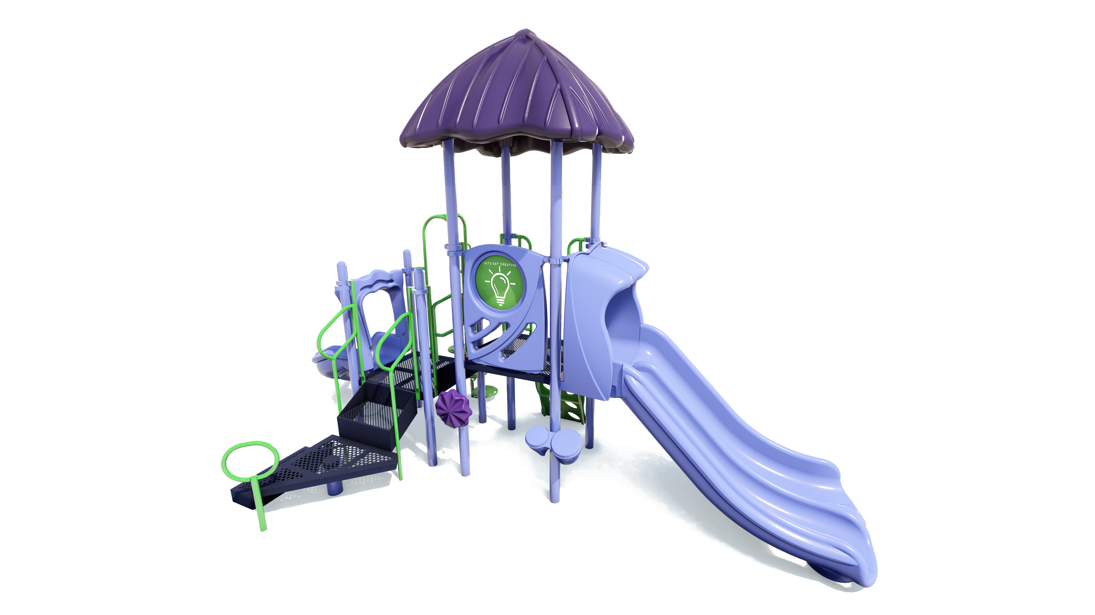 Compact playground structure with dual slides, purple roof, green handrails, sensory panel, and climbing steps
