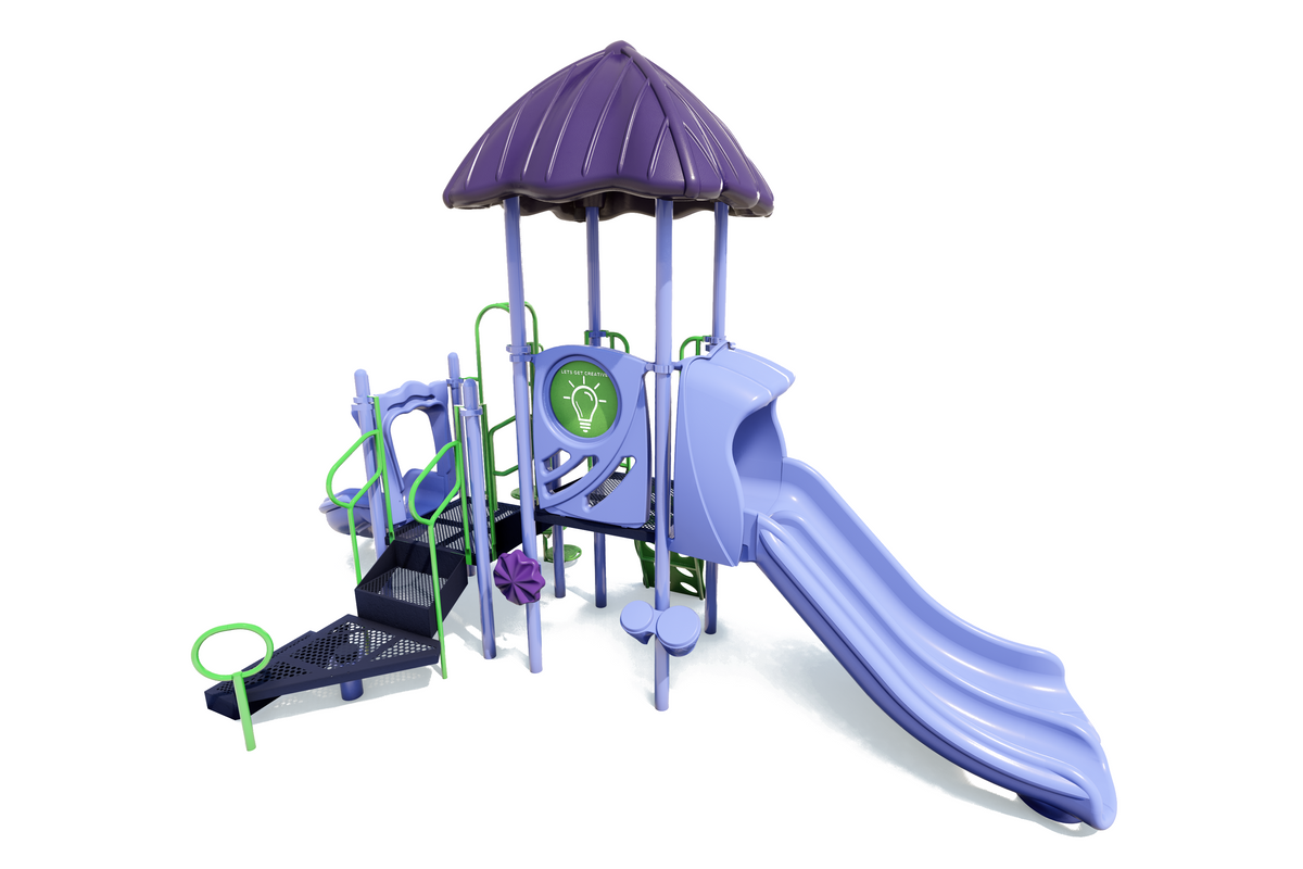 Compact playground structure with dual slides, purple roof, green handrails, sensory panel, and climbing steps