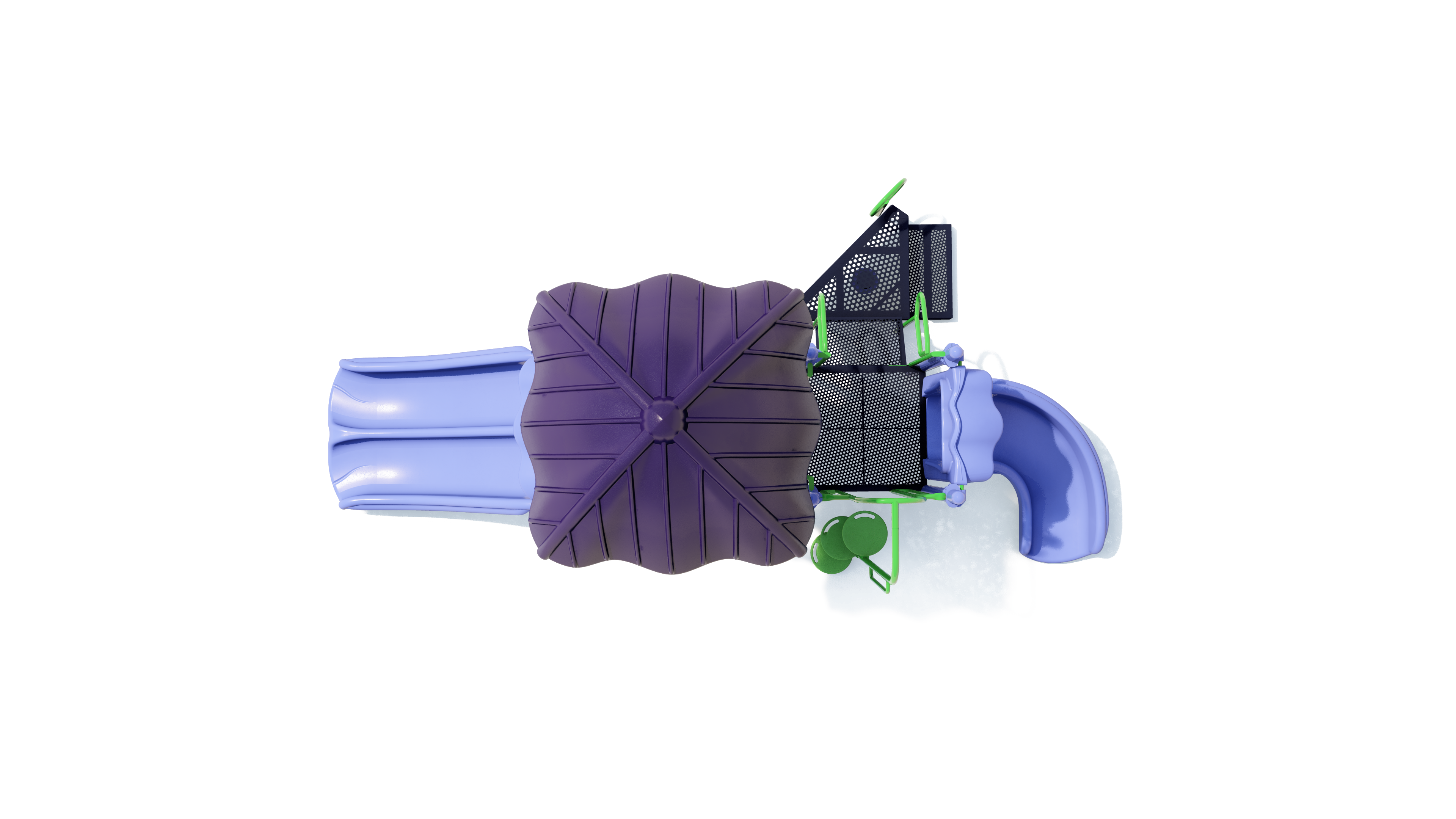 Overhead view of compact playground with two blue slides, purple roof, black climbing panels, and green accents