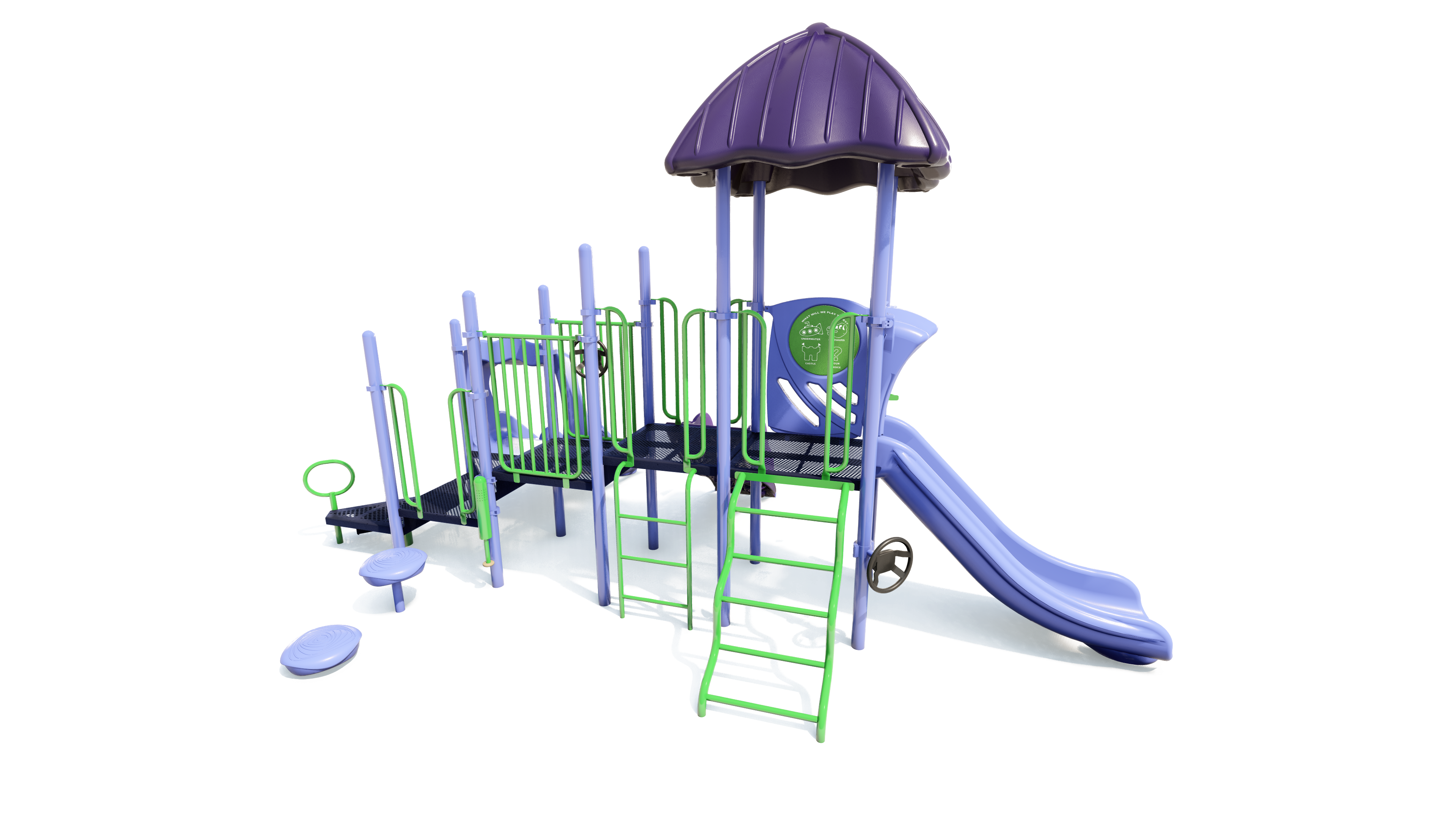 Purple and green playground structure with slides, climbing ladders, platforms, and a shaded roof for active play