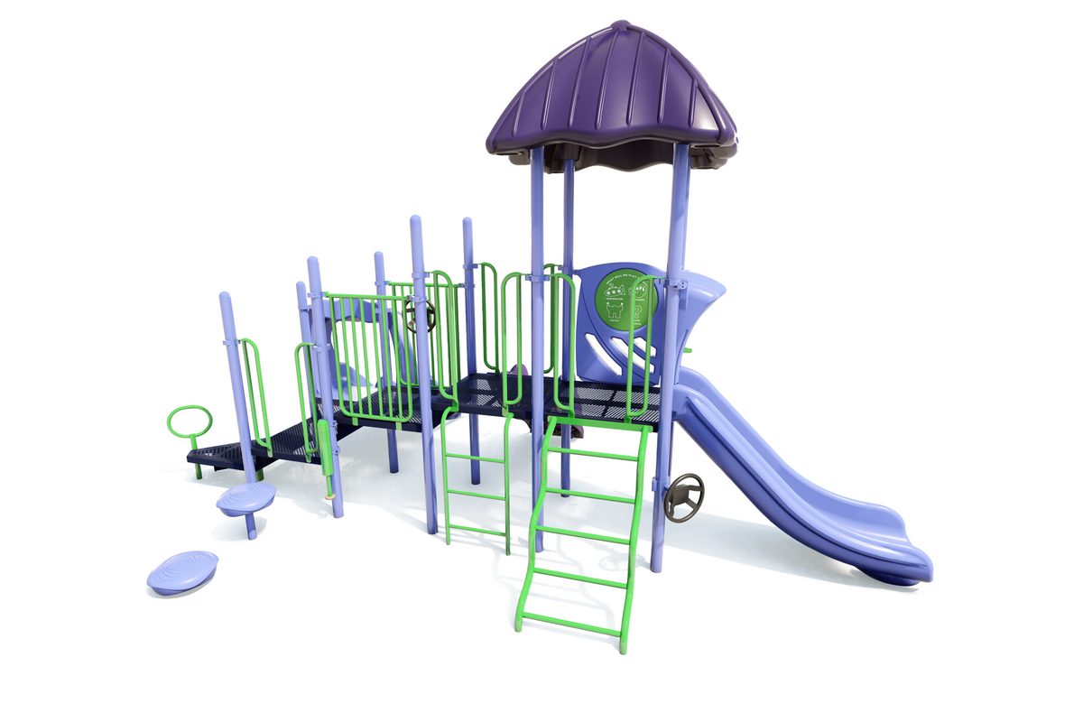 Purple and green playground structure with slides, climbing ladders, platforms, and a shaded roof for active play