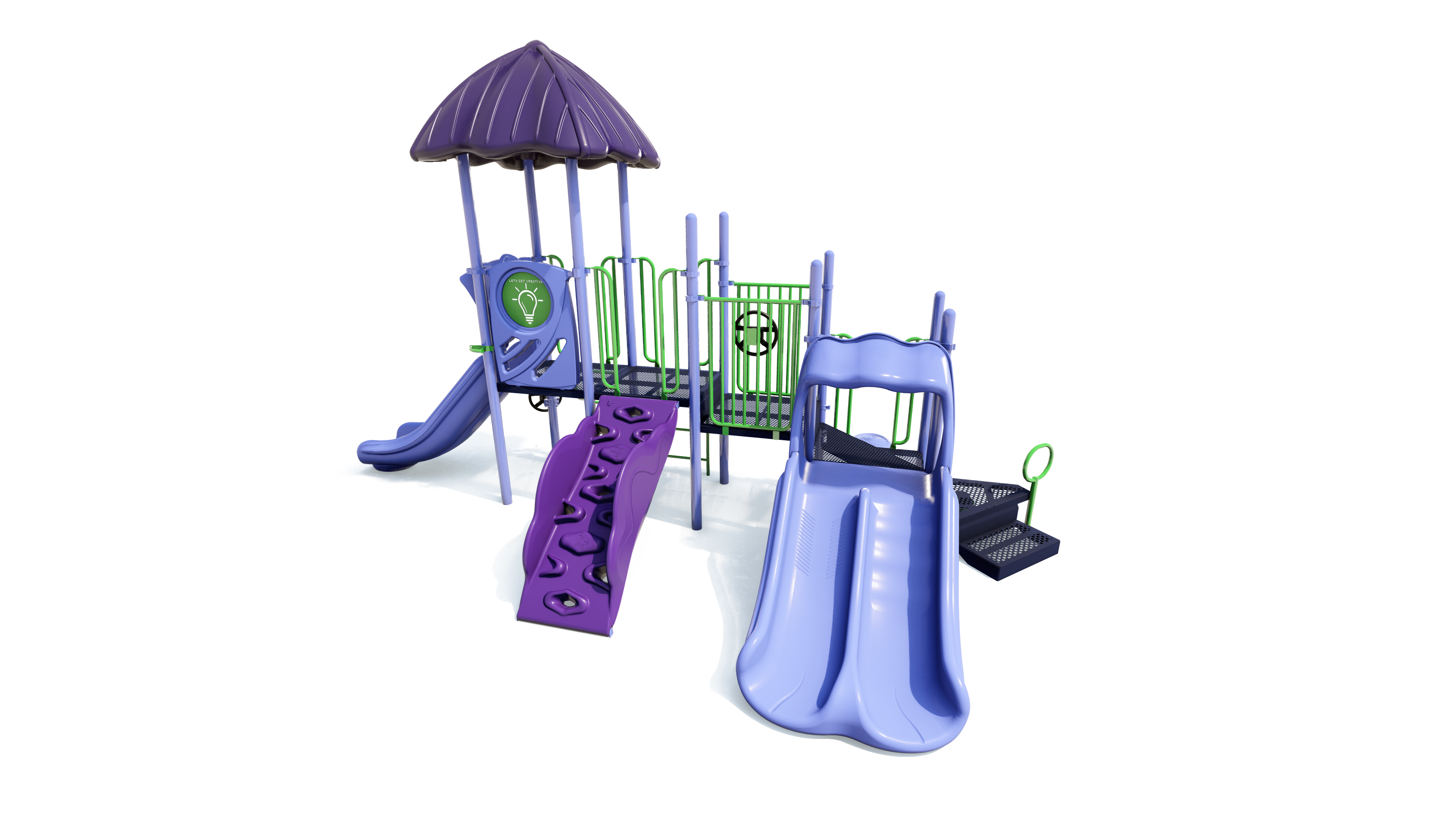 Purple and blue playground structure with dual slides, climbing wall, sensory panel, and shaded platform