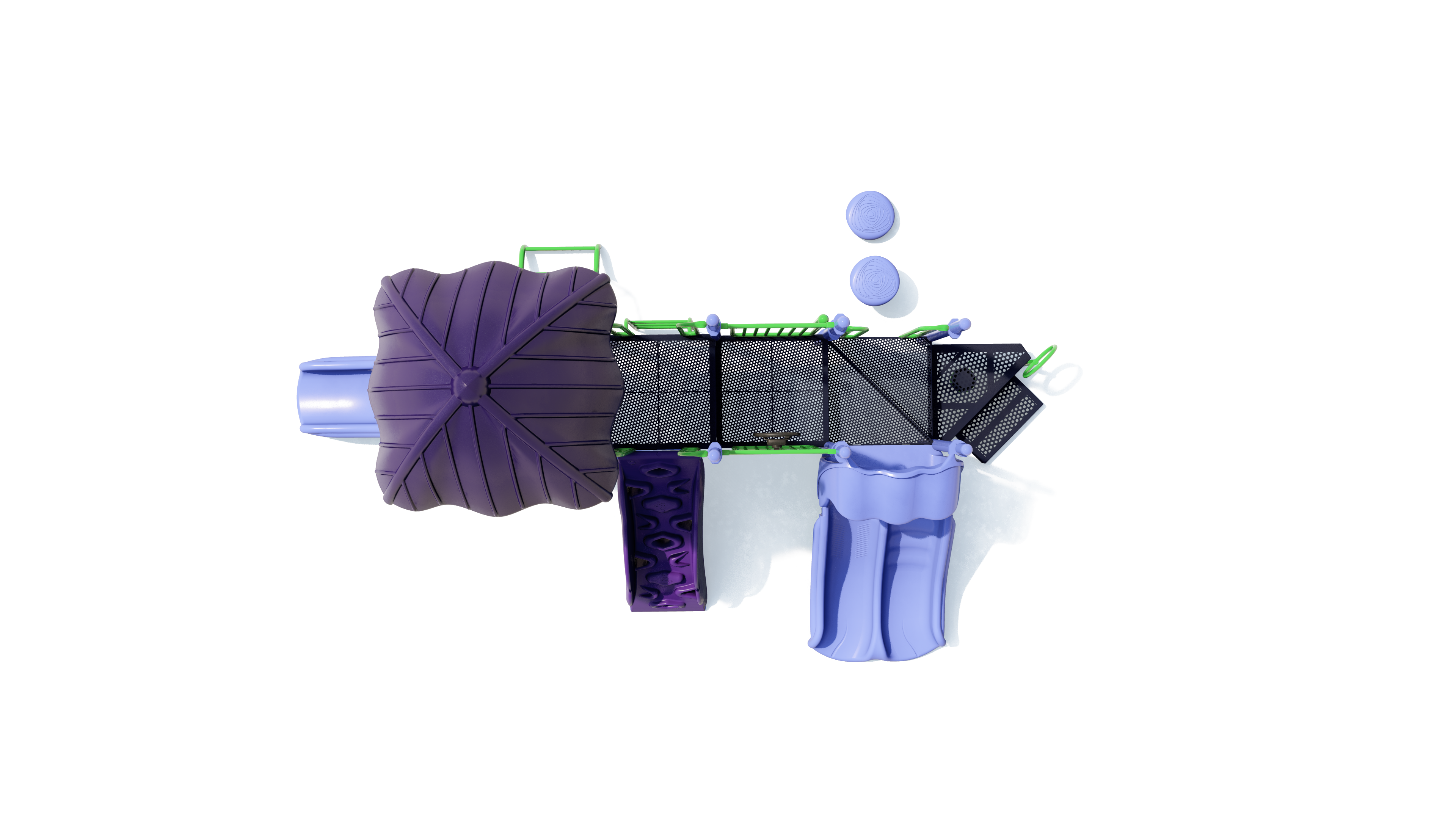 Overhead view of a colorful playground with slides, climbing elements, platforms in purple, blue, and green