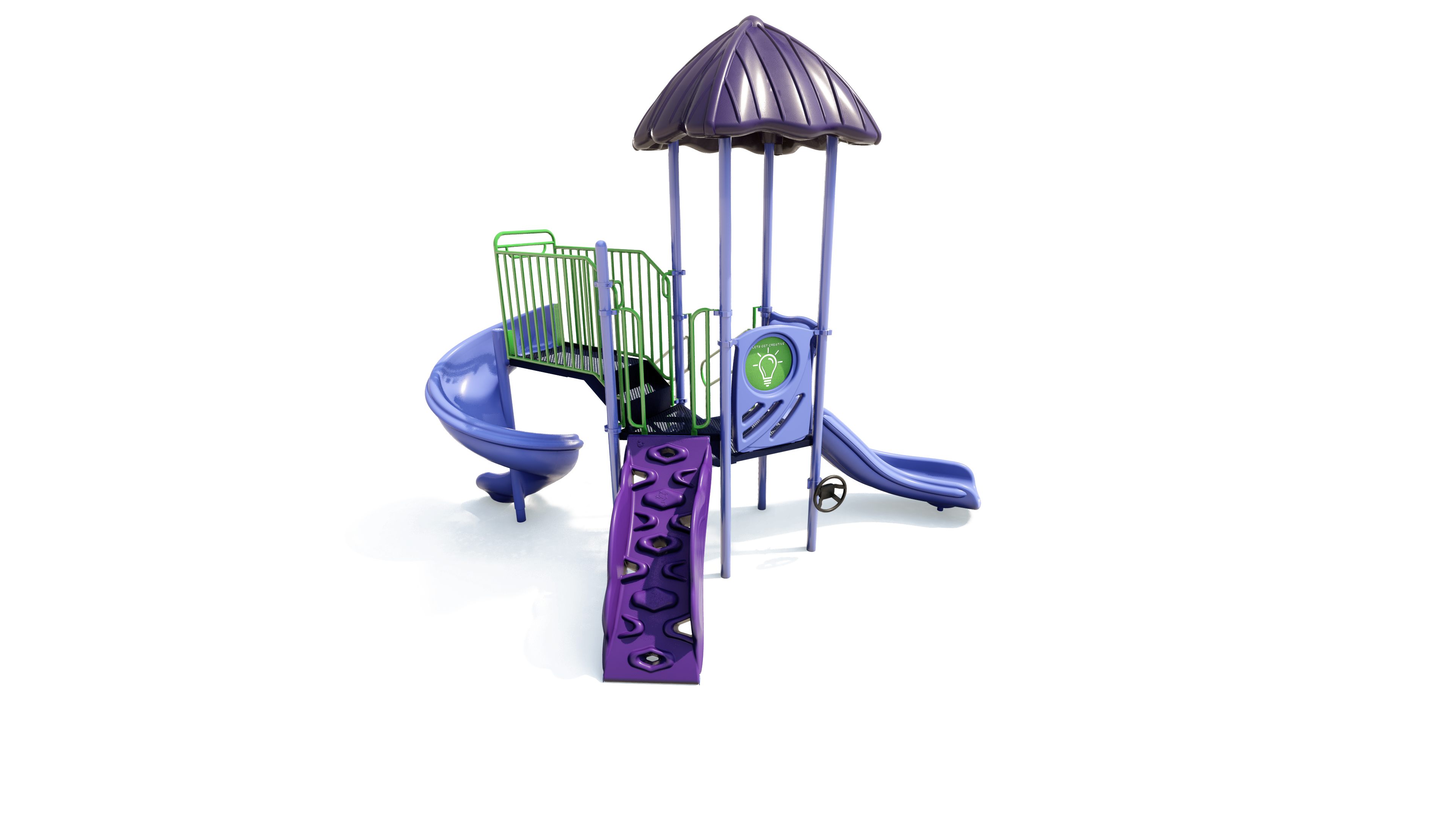 Colorful playground structure with purple roof, climbing wall, spiral and straight slides, and green railings