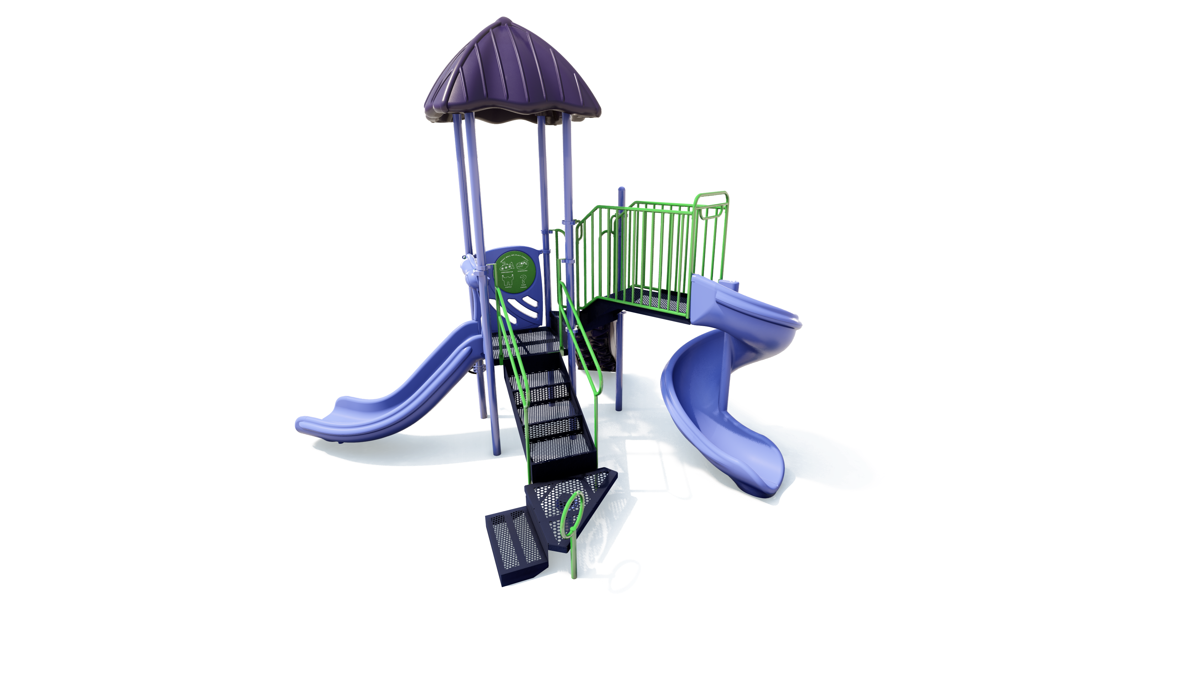 Purple and green playground structure with two slides, stairs, platform, and roof shade for outdoor play