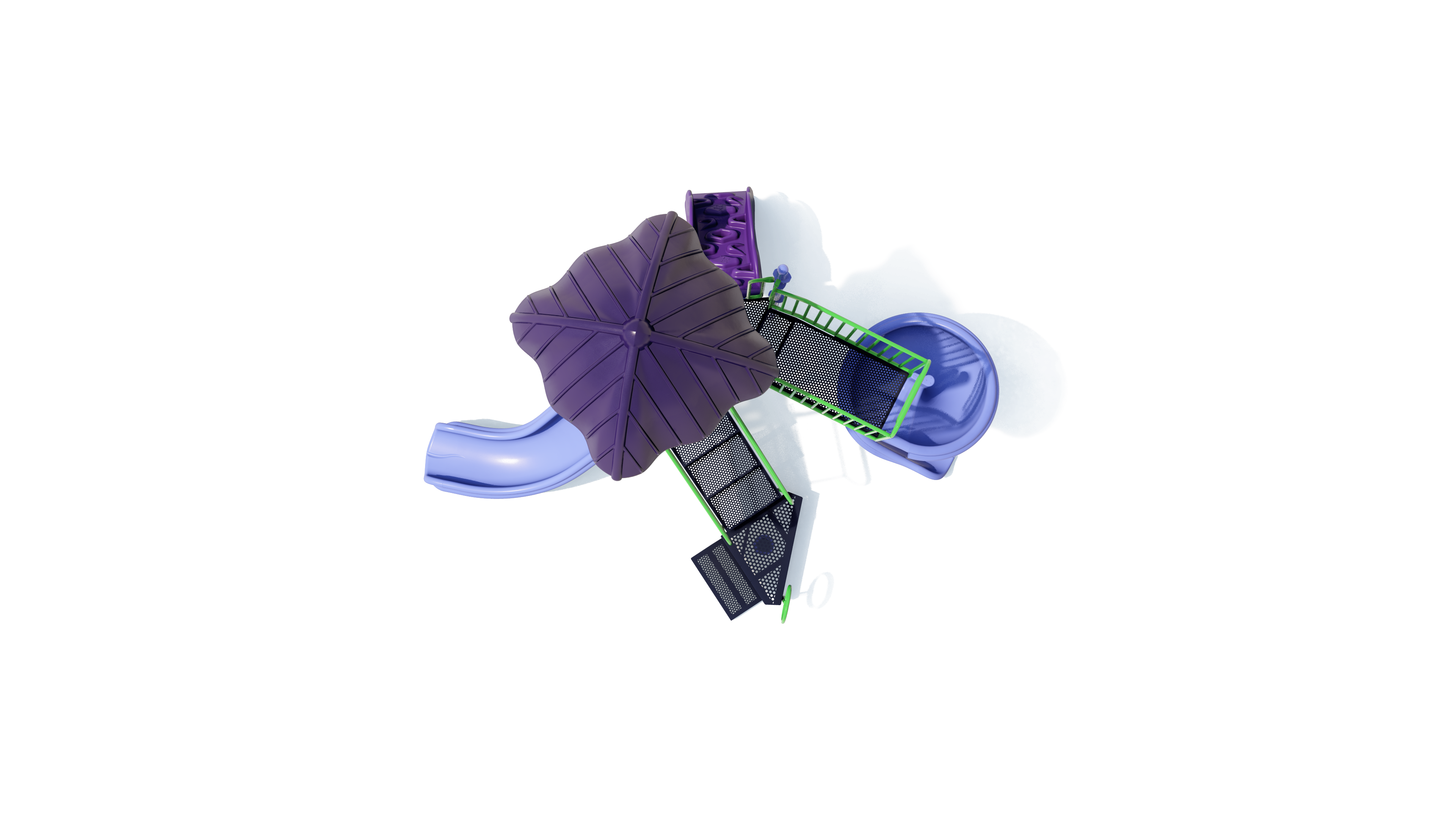 Overhead view of colorful playground with purple leaf-shaped roof, slides, green railings, and black platforms