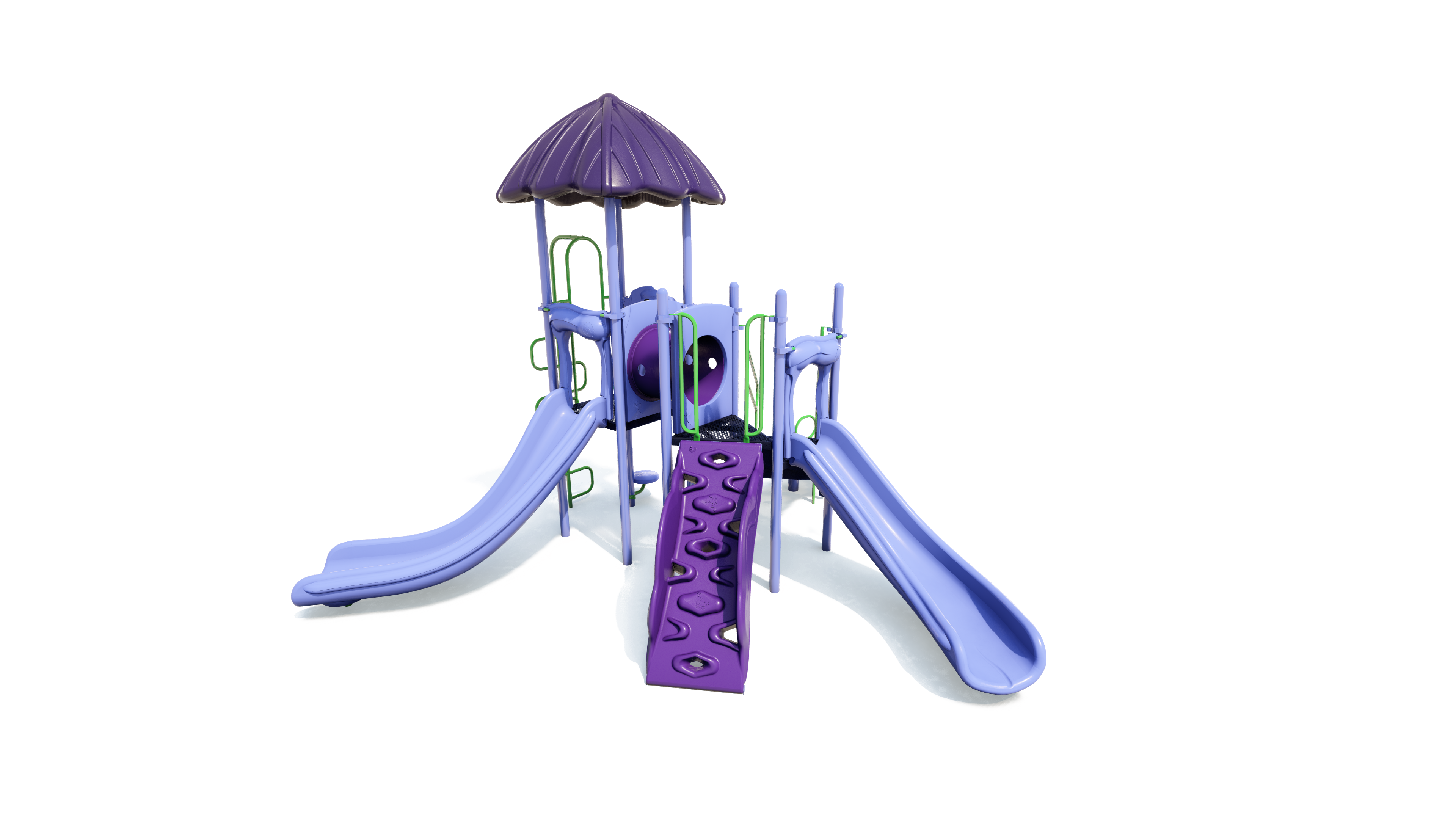Purple and blue playground structure with two slides, climbing wall, tunnel, and roof canopy for children’s outdoor play