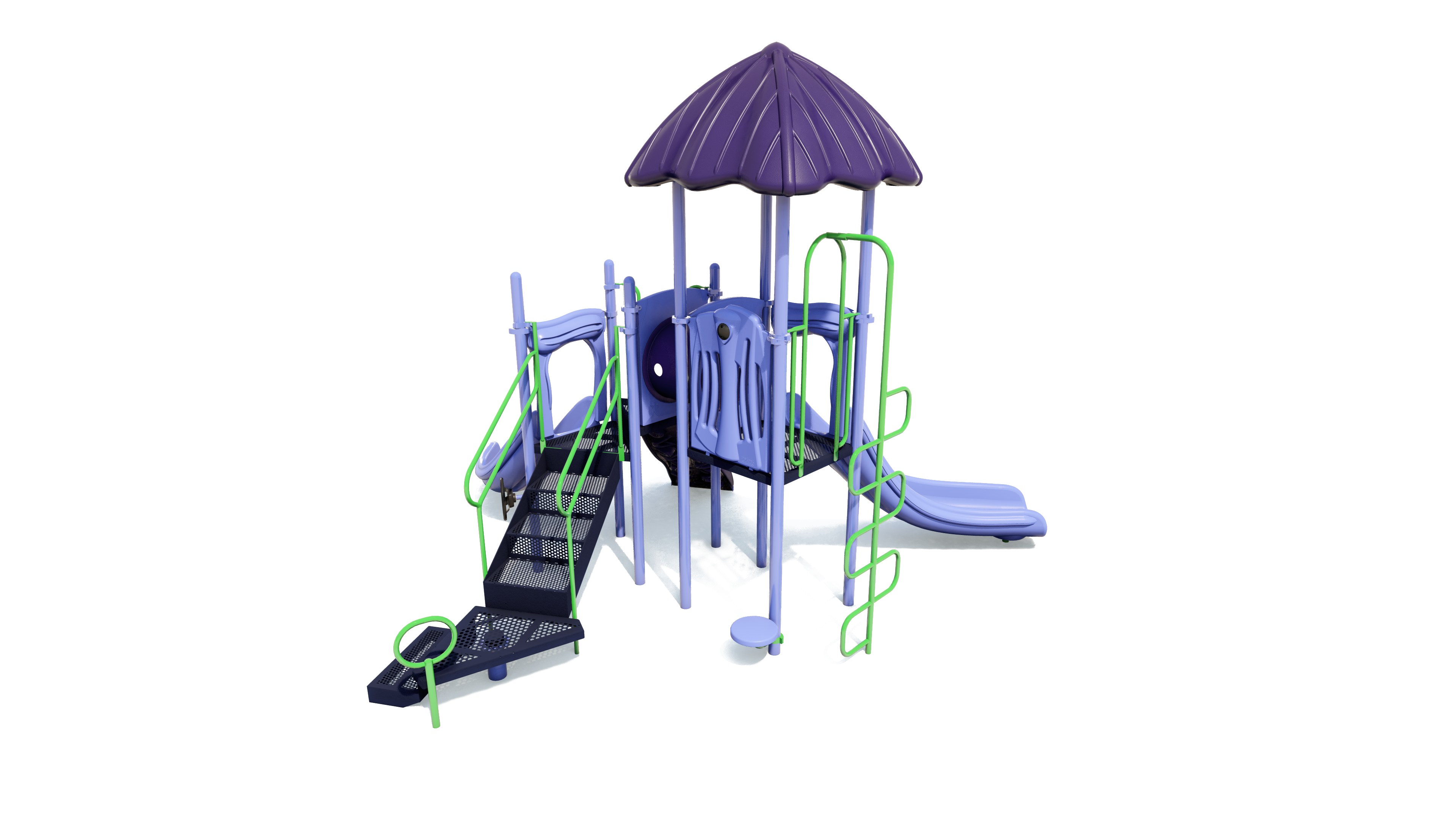 Purple and green playground structure with slides, climbers, a roof, sensory panels, and a crawl tunnel
