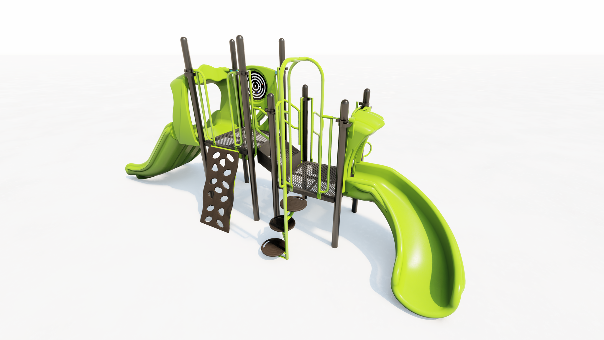 Compact green and brown playground with two slides, climbing wall, spiral steps, and sensory panel for active play