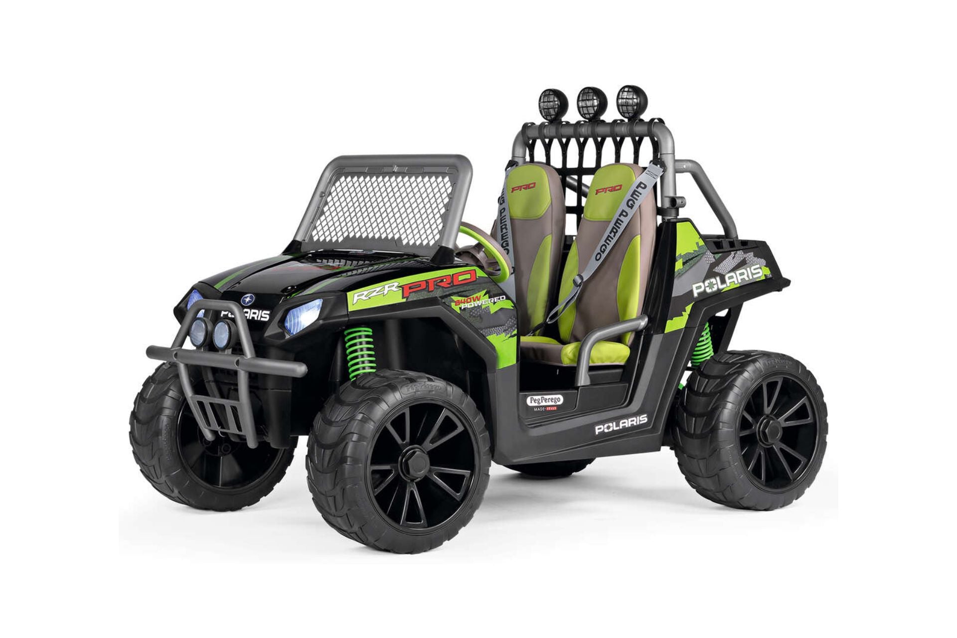 Polaris RZR PRO Green Shadow two-seater ride-on vehicle with green and black design, off-road tires, safety belts, and storage compartment