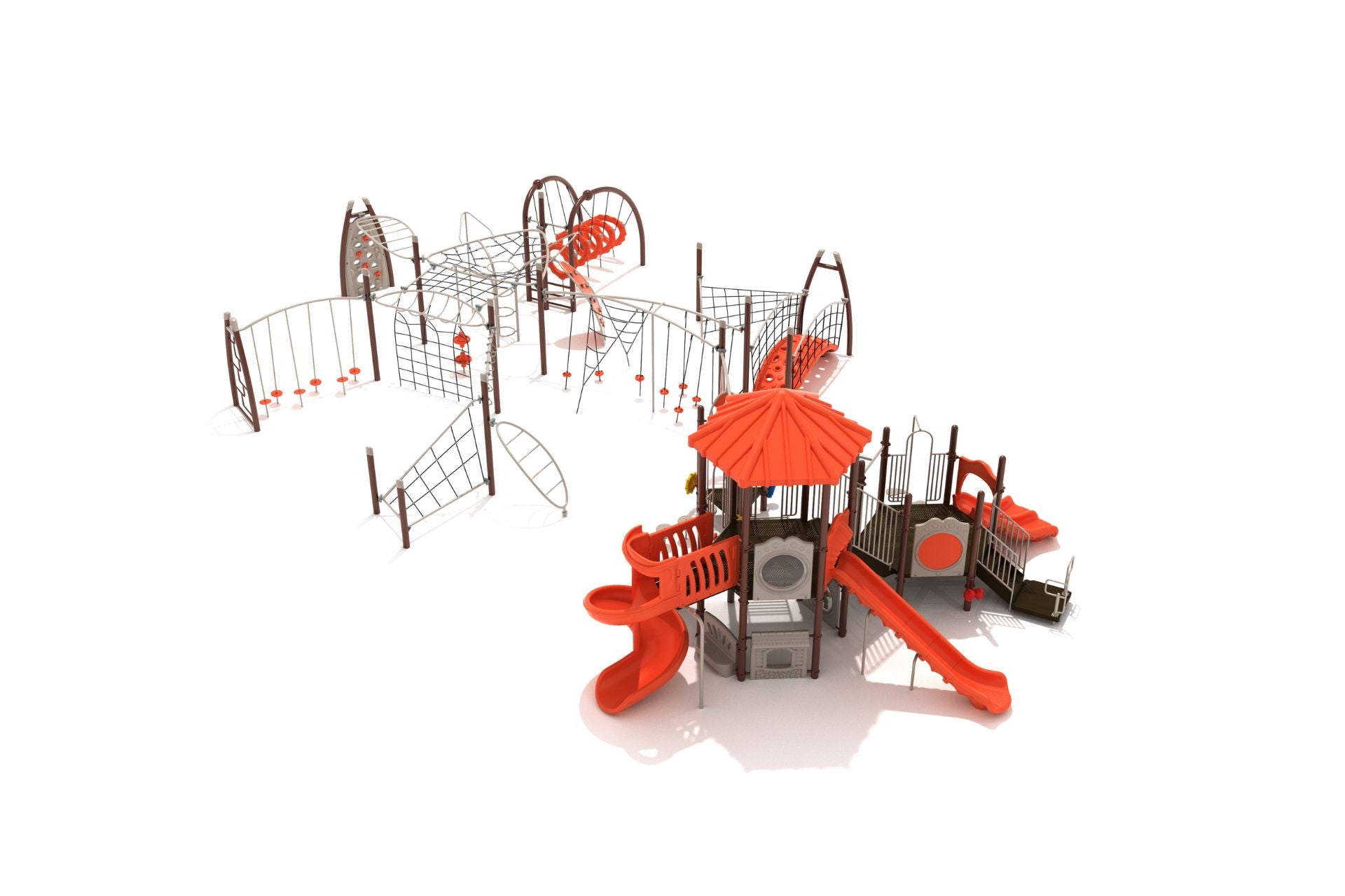 Foxcliff Trace Playground with large orange spiral slide, climbing nets, overhead climbers, and fitness activity structures