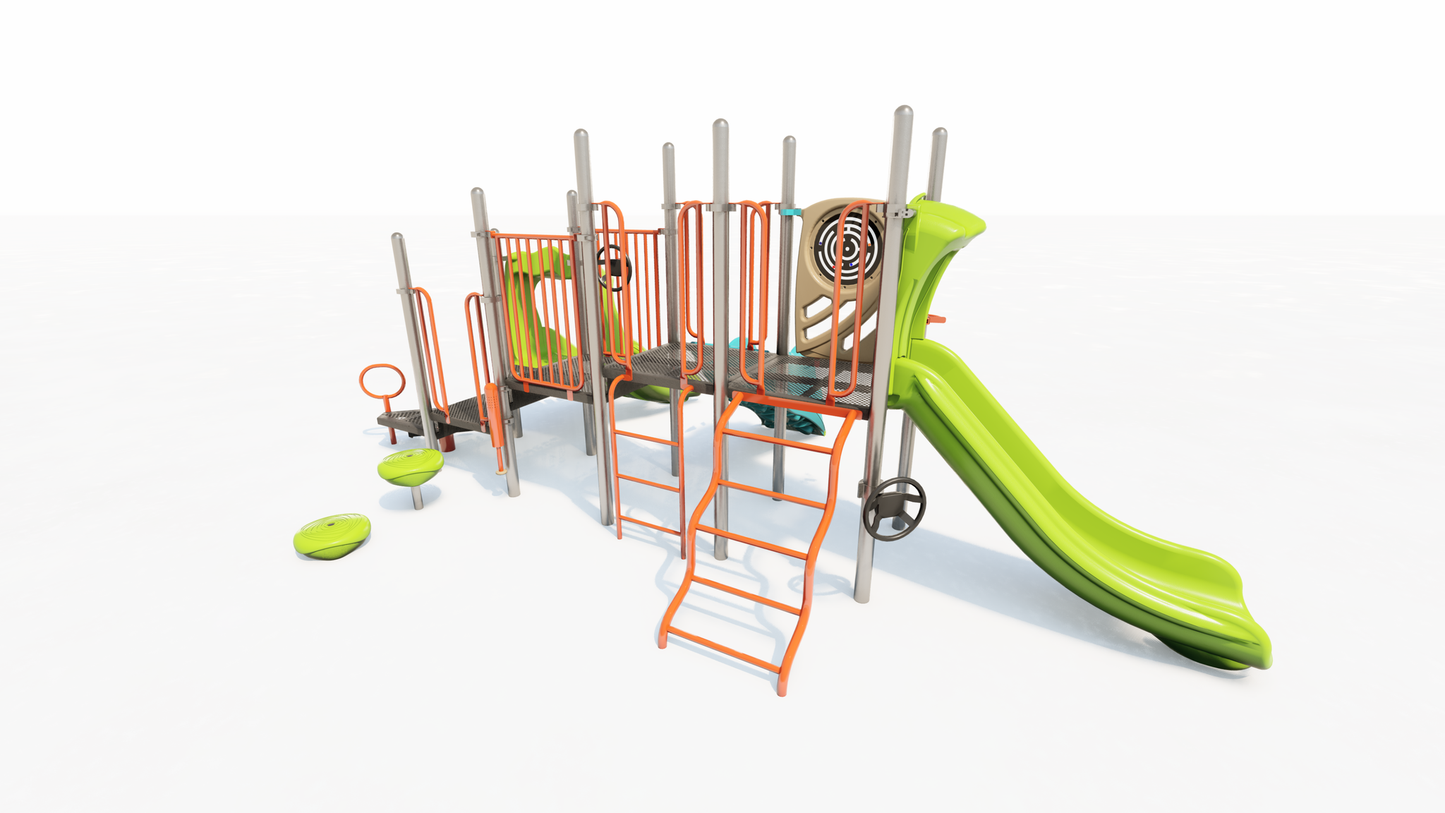 Colorful playground structure with green slide, orange climbing ladders, platforms, and interactive play panels
