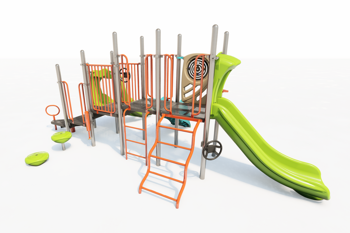 Colorful playground structure with green slide, orange climbing ladders, platforms, and interactive play panels