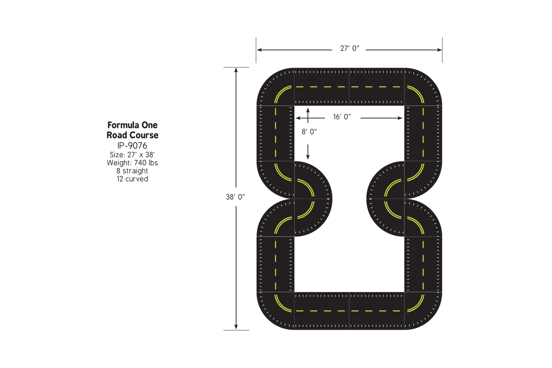 Black modular trike path with yellow dashed lines, curved and straight sections forming a racetrack layout for active outdoor play