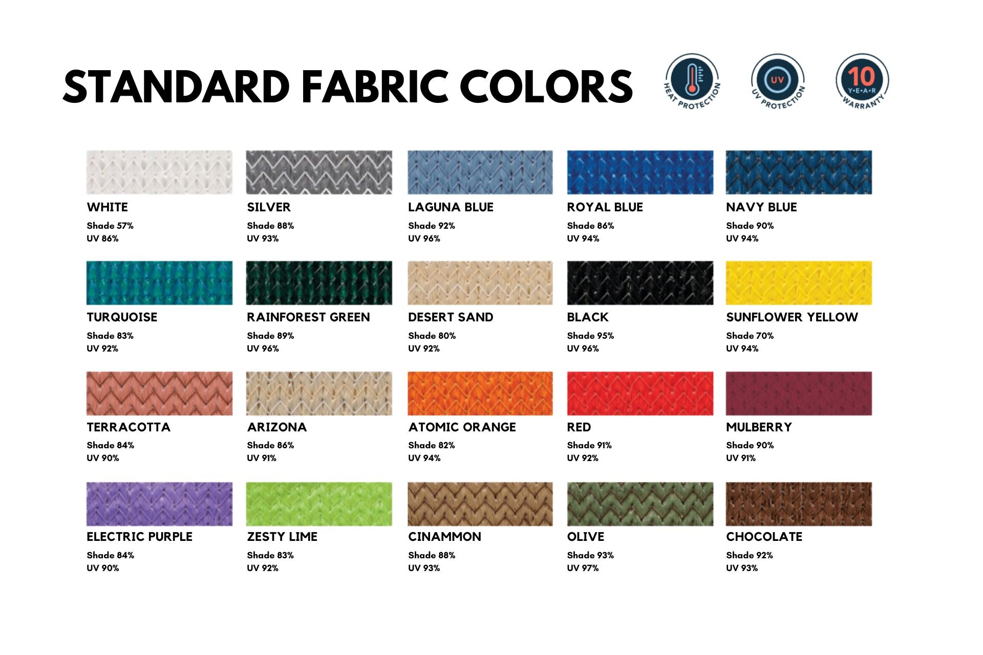 Fabric swatches in 20 textured colors showcasing UV and heat-resistant outdoor shade materials for playground structures