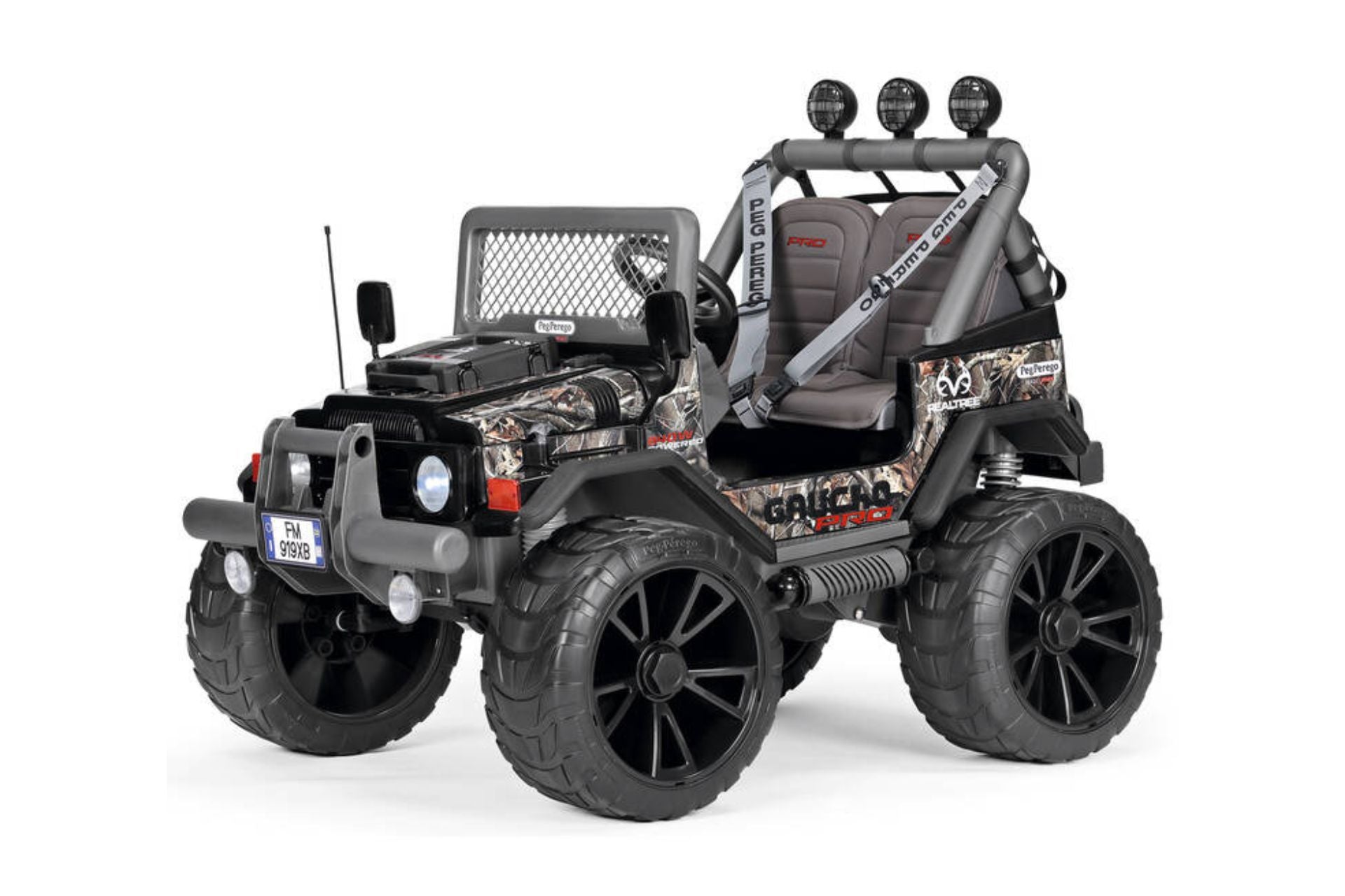 Gaucho PRO Realtree 24-Volt Ride On Vehicle with camo design, two seats, safety belts, off-road tires, and electronic dash