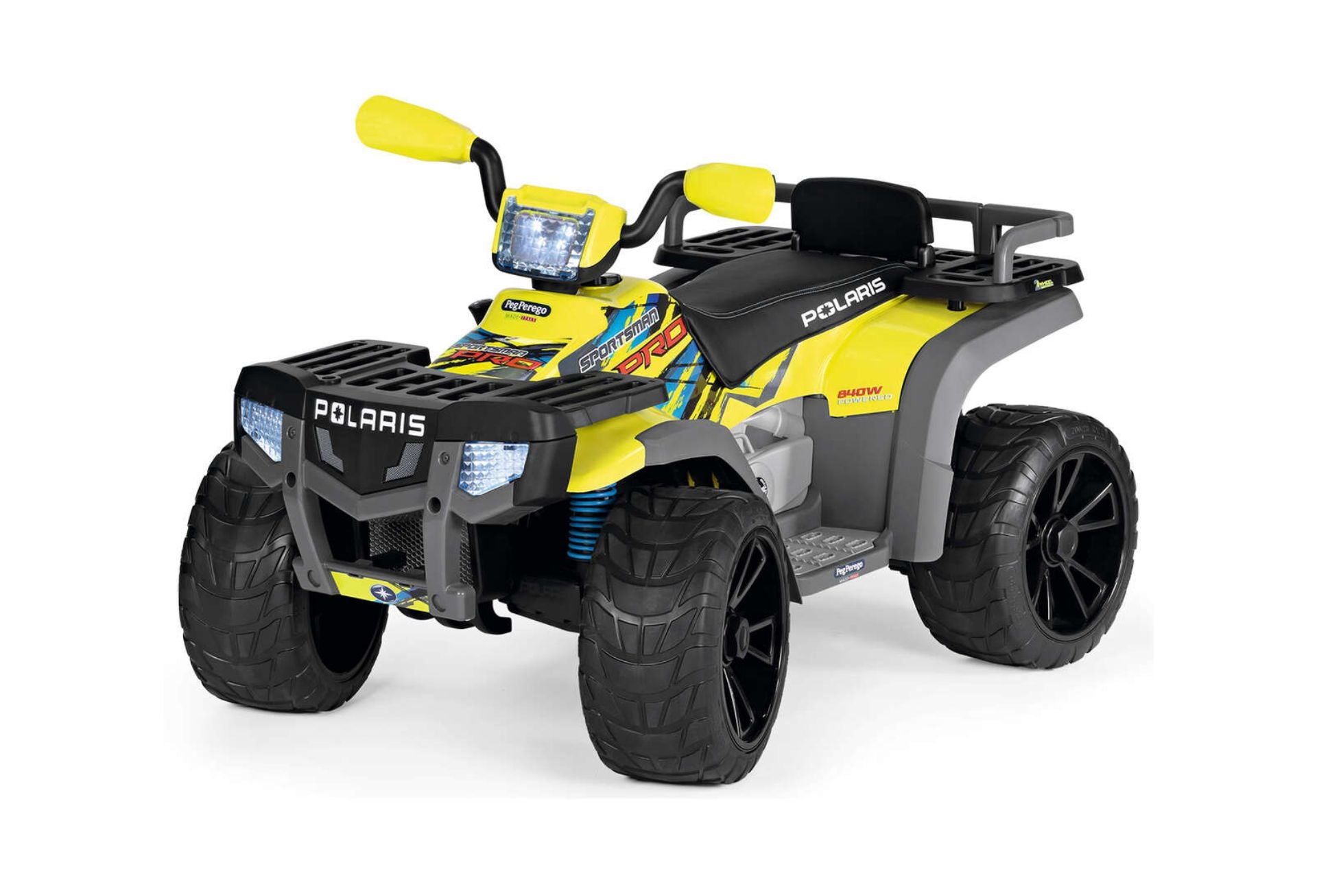 Polaris Sportsman PRO Citrus 24-Volt ride-on vehicle in bright yellow with black seat, rugged tires, front LED lights, and two-seater design