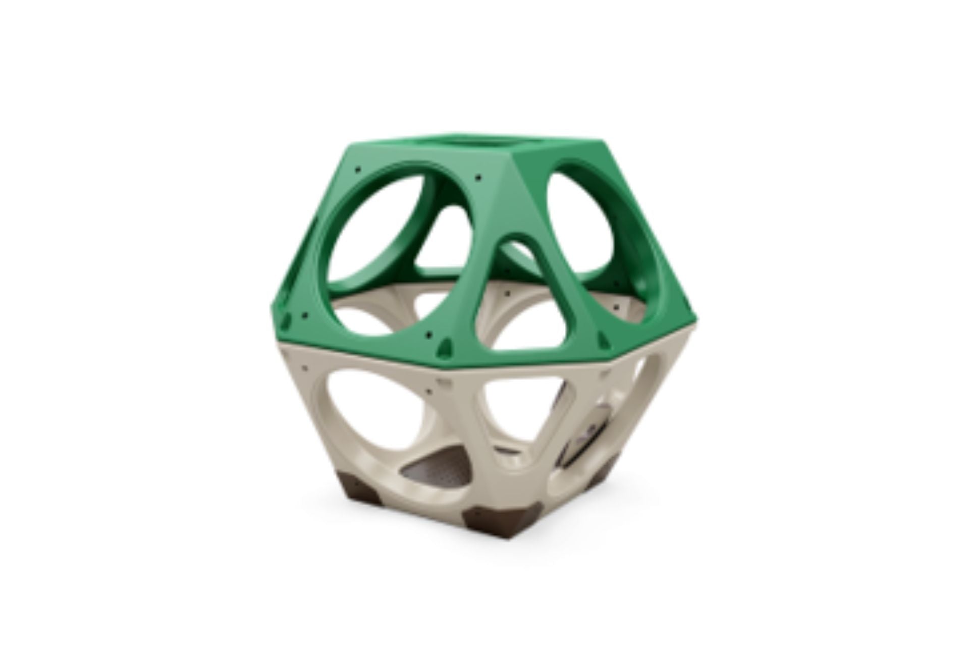 Green and tan geometric climbing structure with circular cutouts for play and climbing activities