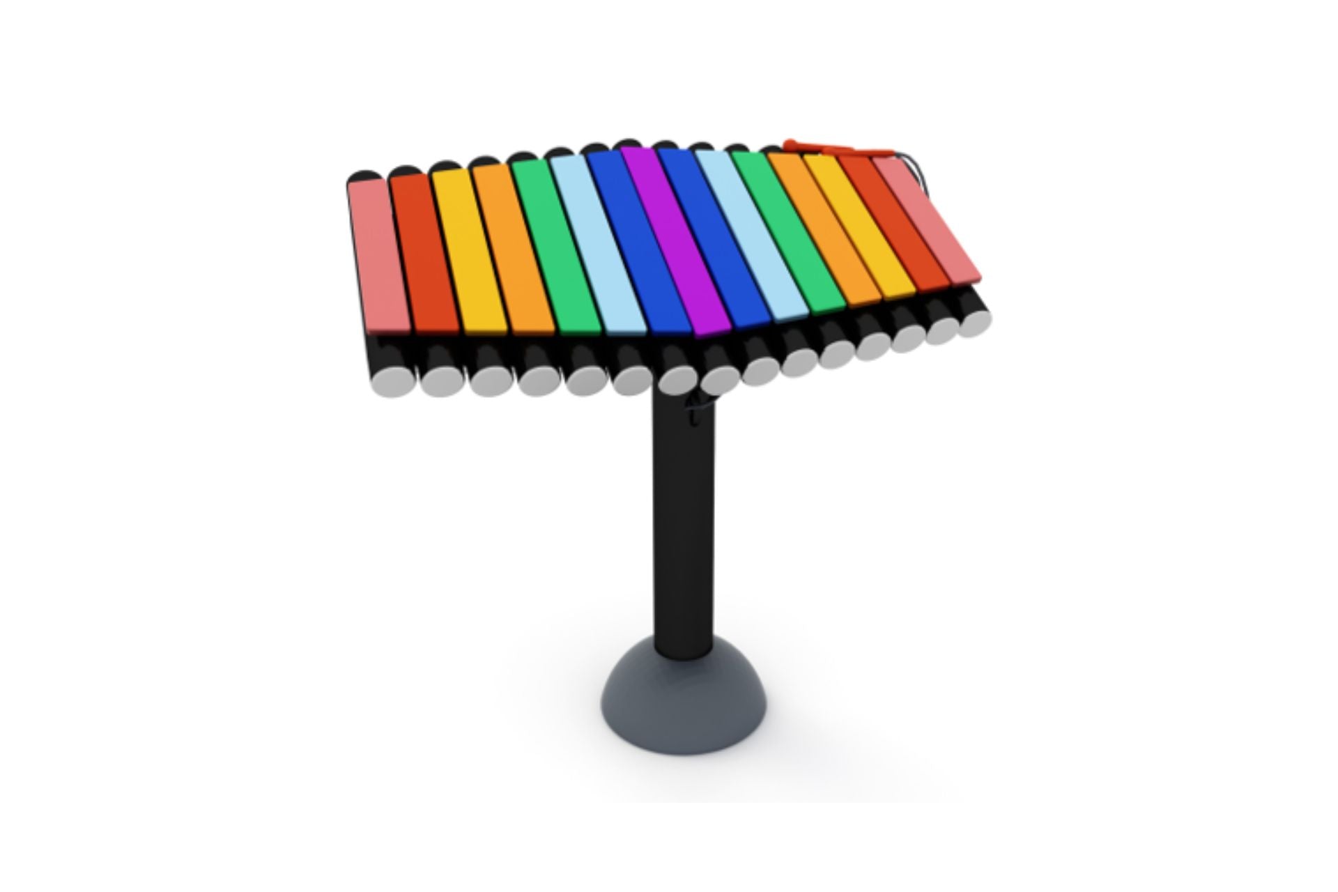 Split Rainbow Xylophone with vibrant rainbow-colored bars on black stand, outdoor musical instrument for children’s play and creativity