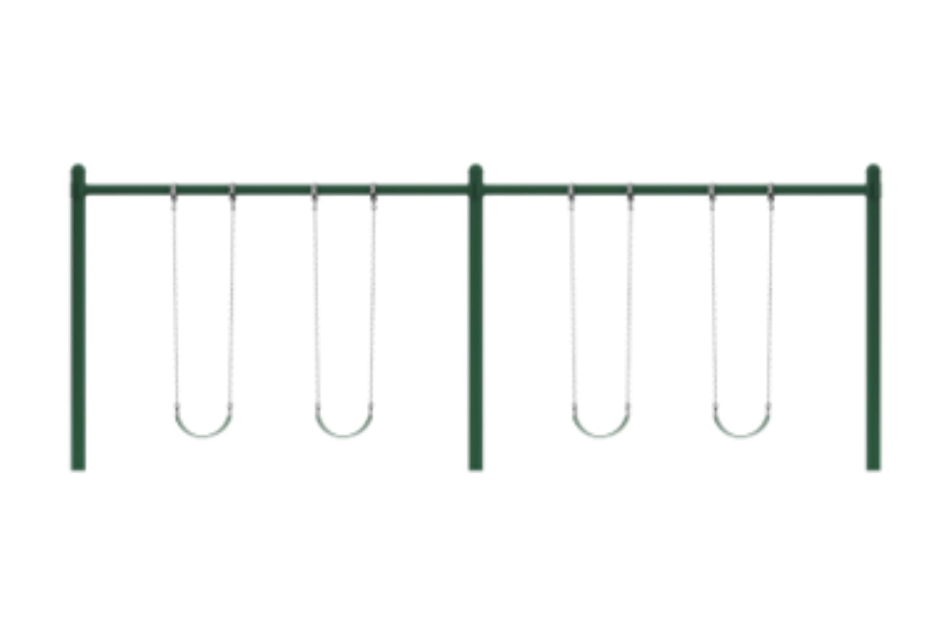 Green commercial single-post metal swing set with two frames and four belt swings hanging from chains