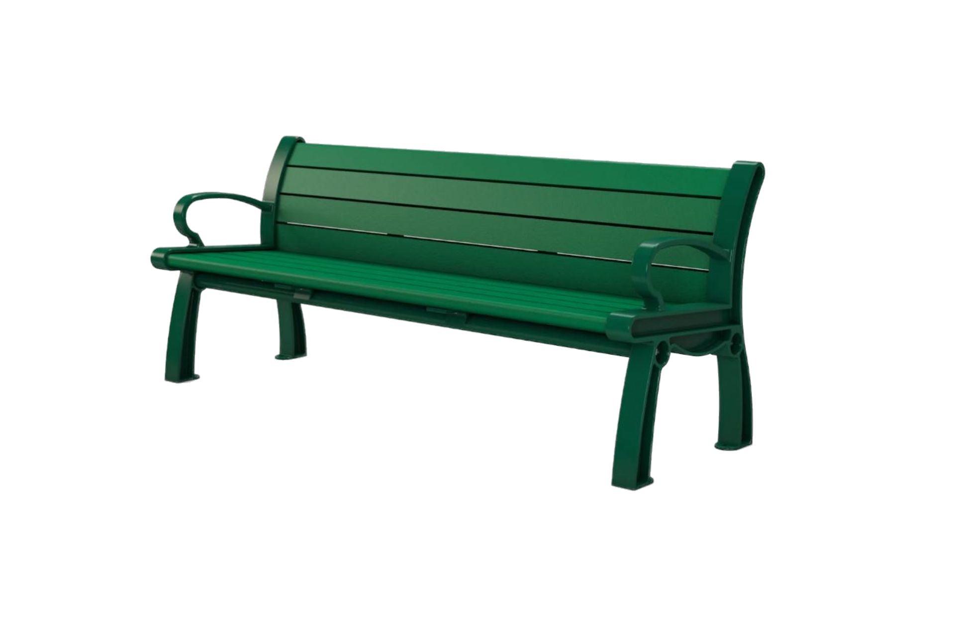 Green outdoor park bench with powder-coated cast aluminum frame, resinwood slats, armrests, and curved legs