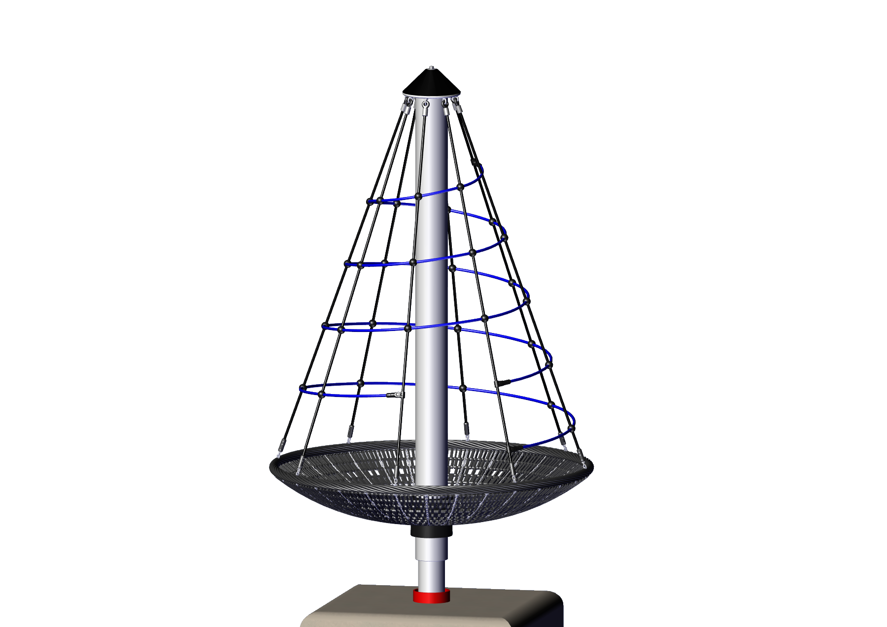 Spiral Carousel ADA Compliant climbing equipment with conical rope net and circular Bird’s Nest platform, accessible design with handholds and support.