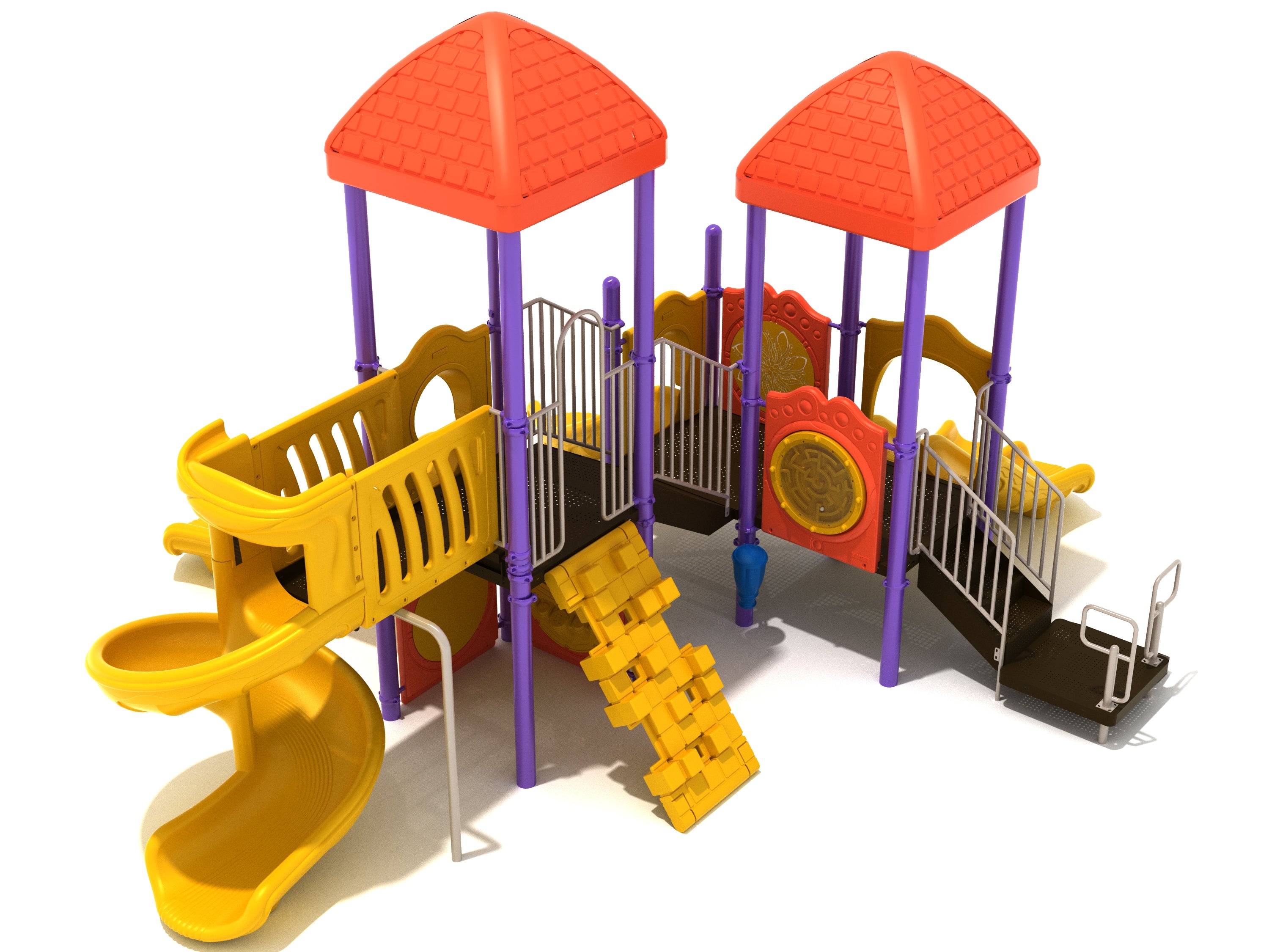 Colorful playground structure with red roofs, yellow slides including spiral and wave slides, purple supports, and interactive maze and musical panels.
