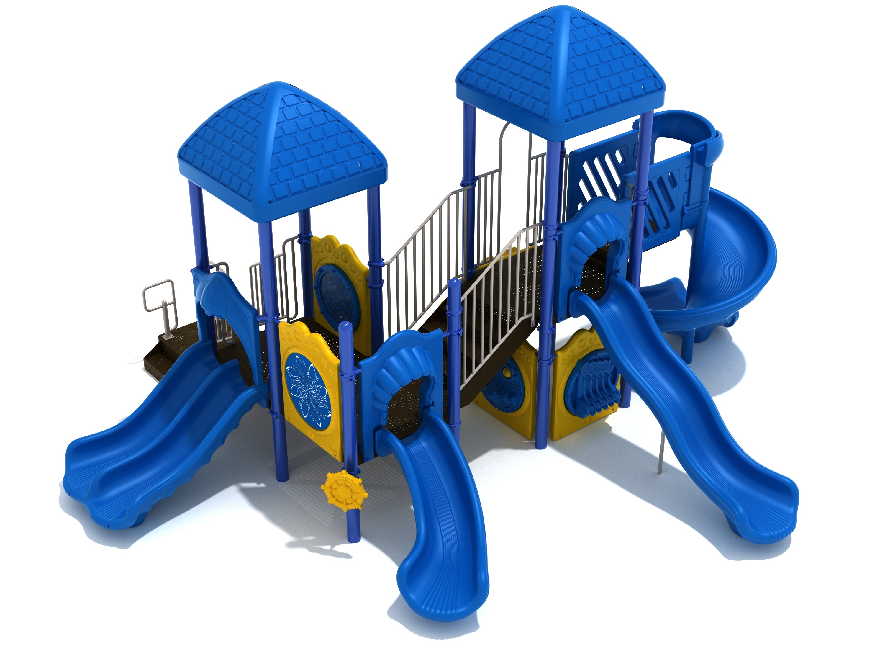 Blue and yellow playground structure with two roofed towers, multiple slides, activity and musical panels, connected by a bridge