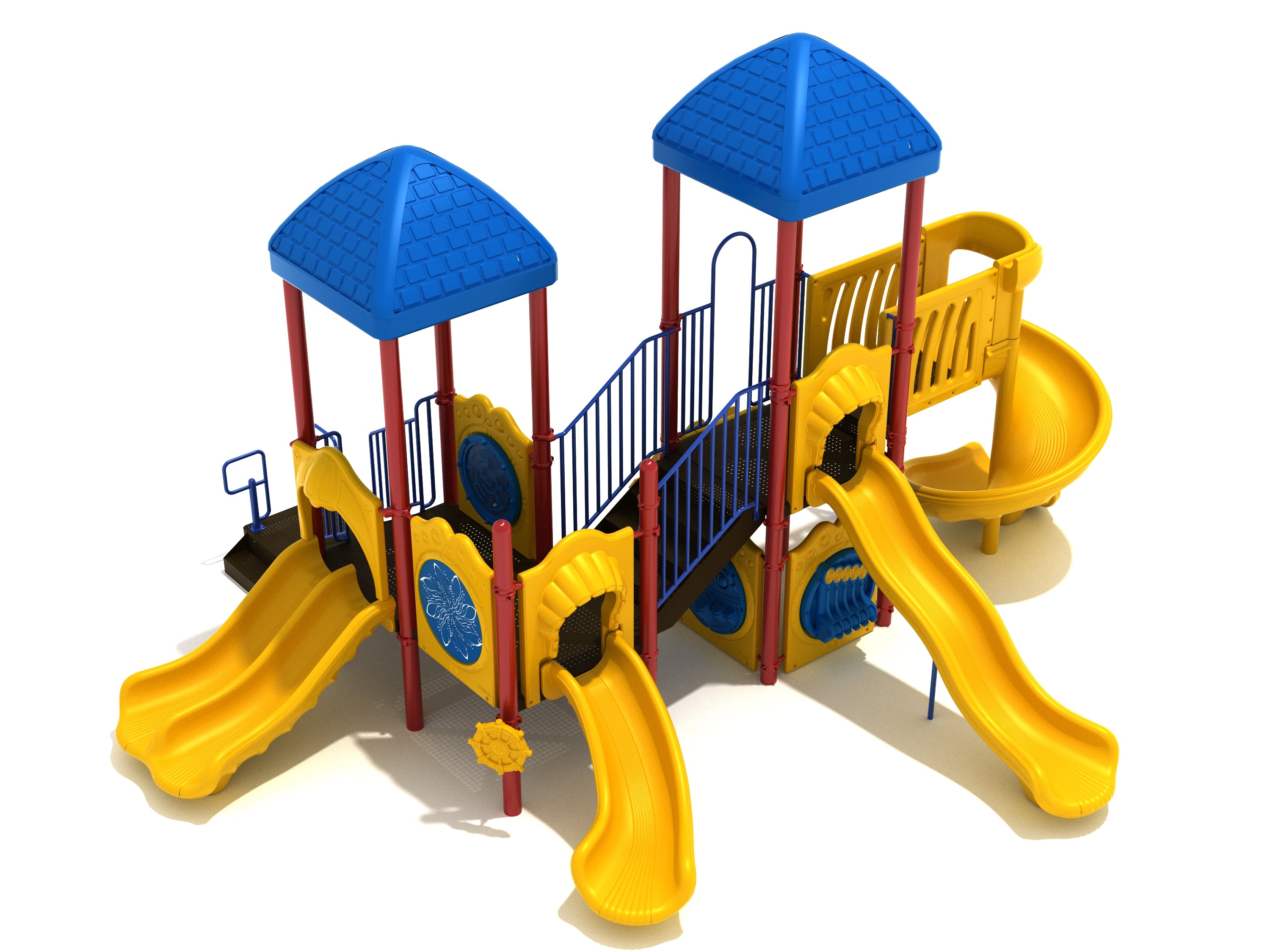 Colorful playground structure with multiple yellow slides, blue roofs, red support poles, and interactive maze and musical panels
