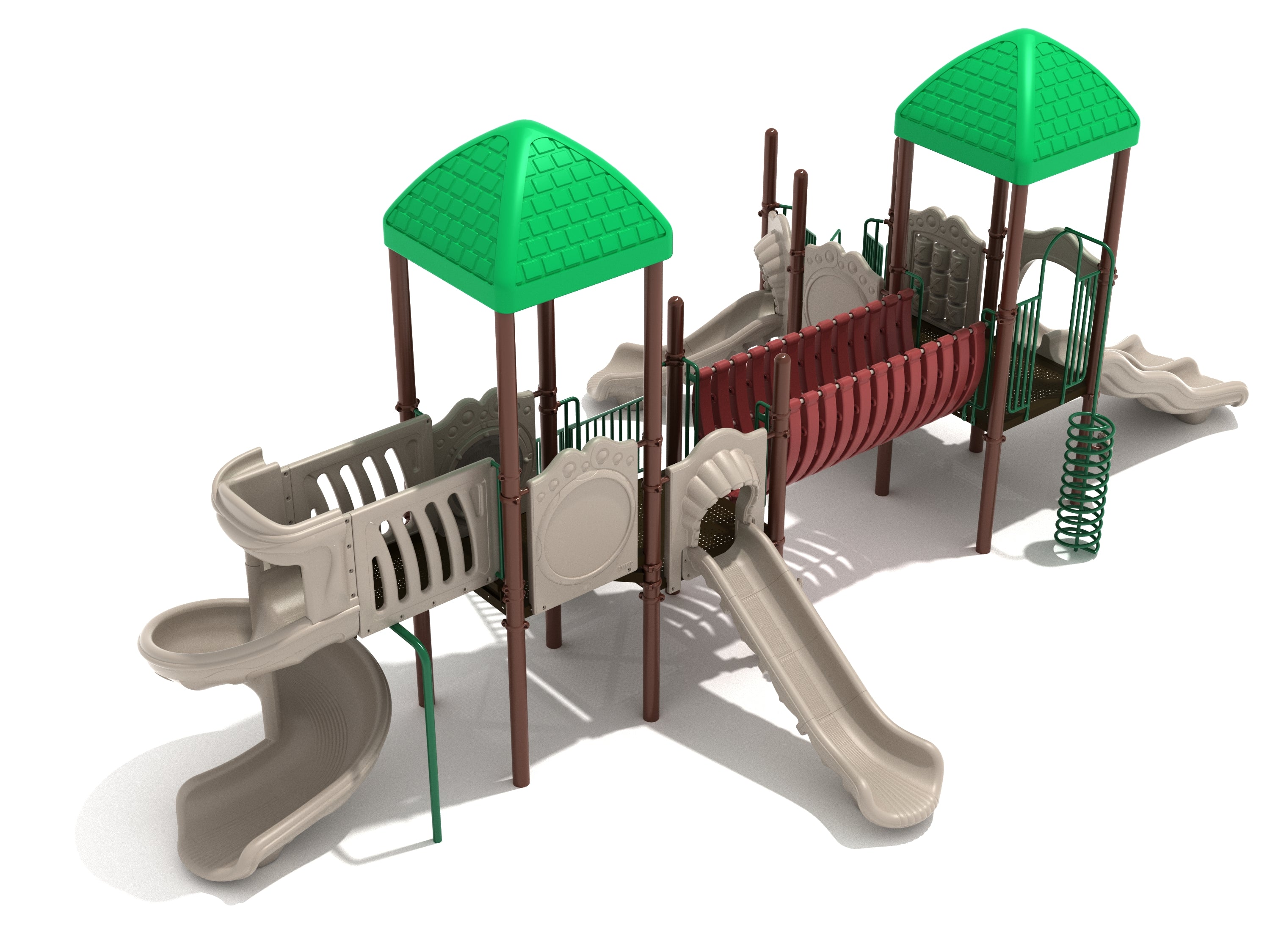 Elevated playground structure with green roofs, beige slides, red bridge tunnel, climbing elements, and musical panels.