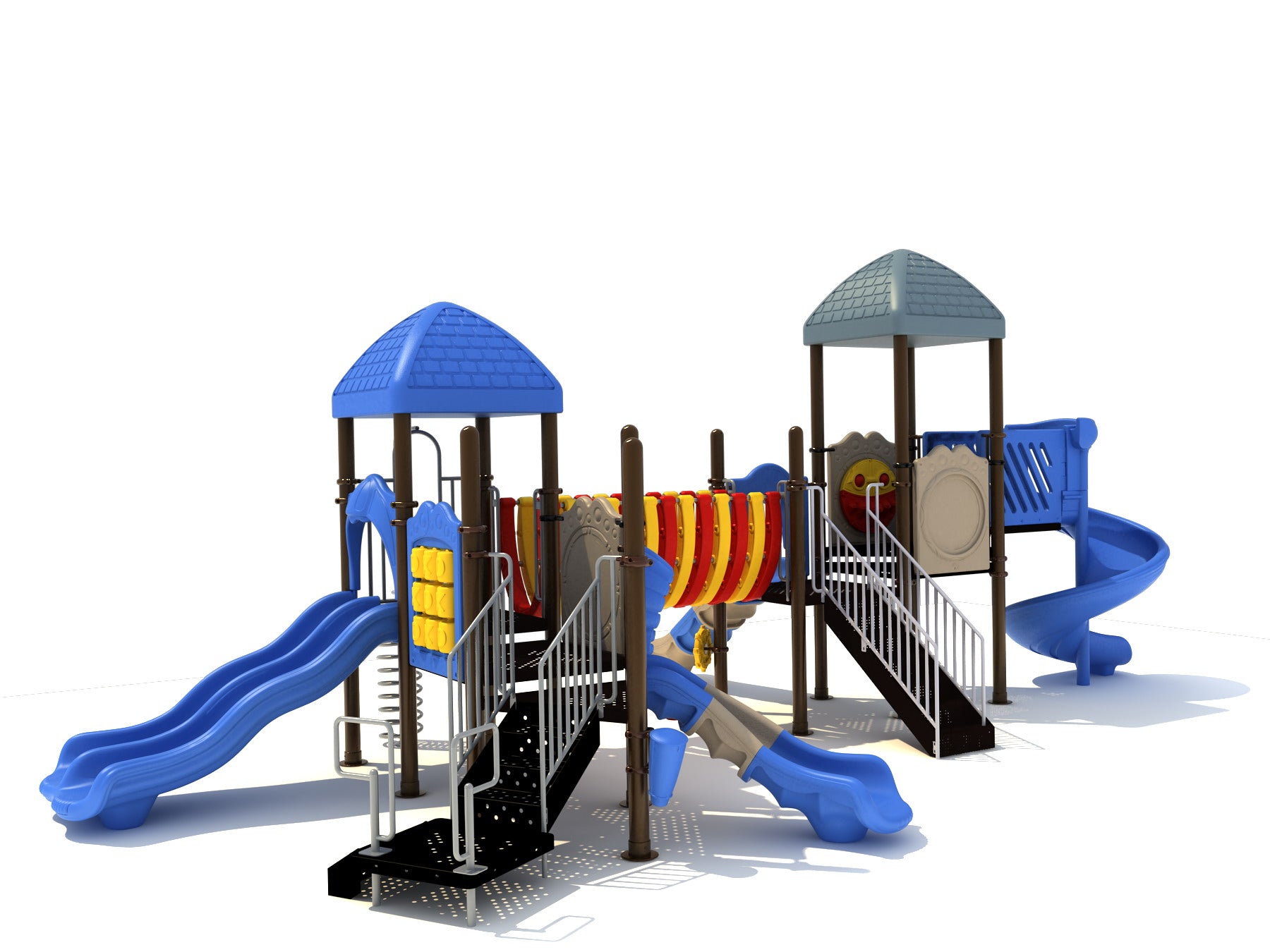 Colorful playground with blue double and spiral slides, climbing stairs, tic-tac-toe panel, and musical play elements including chimes and drums