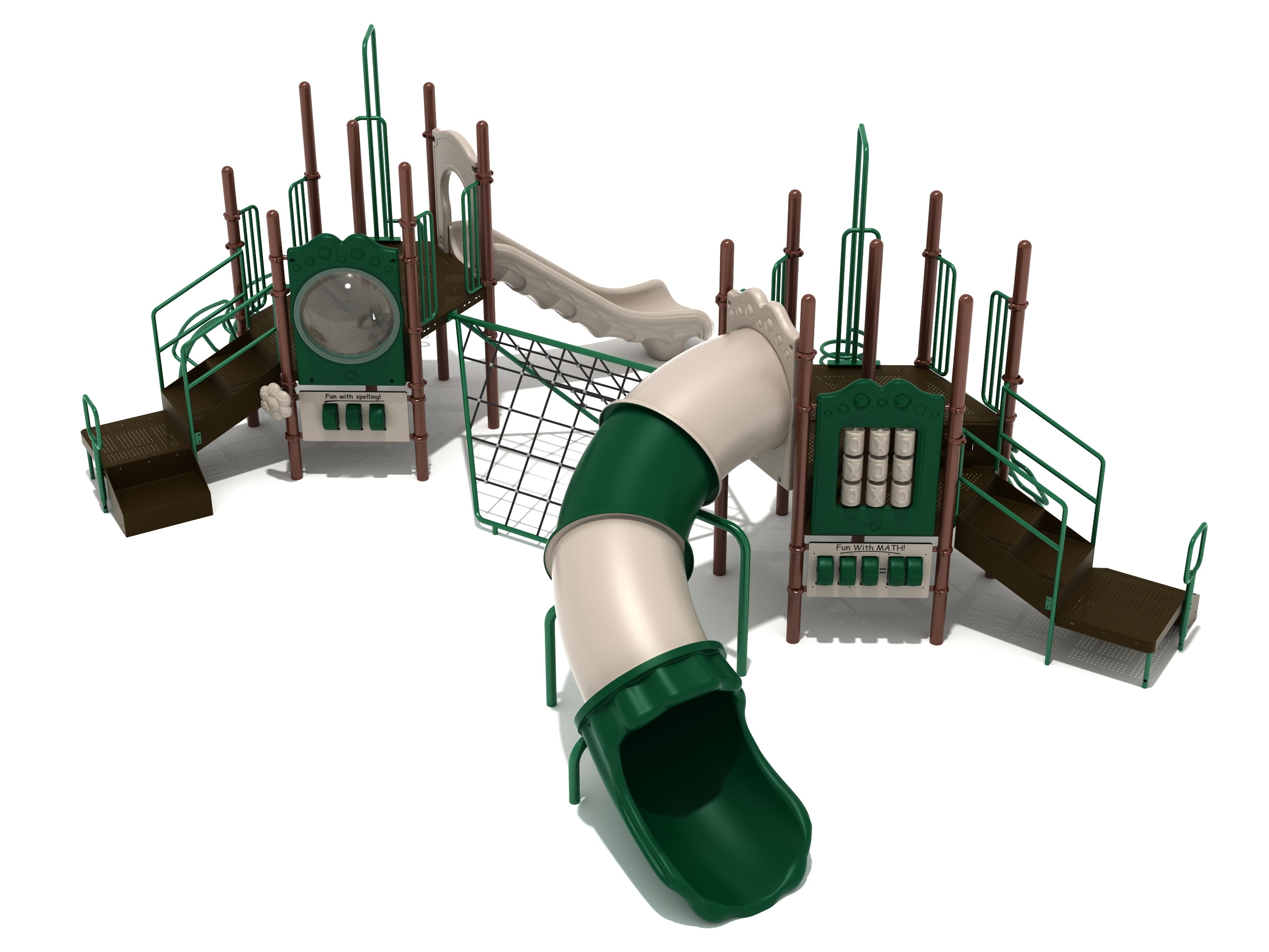 Twinsburg Playground large play system with dual platforms, slides, climbers, educational panels, and connecting envelope net climber