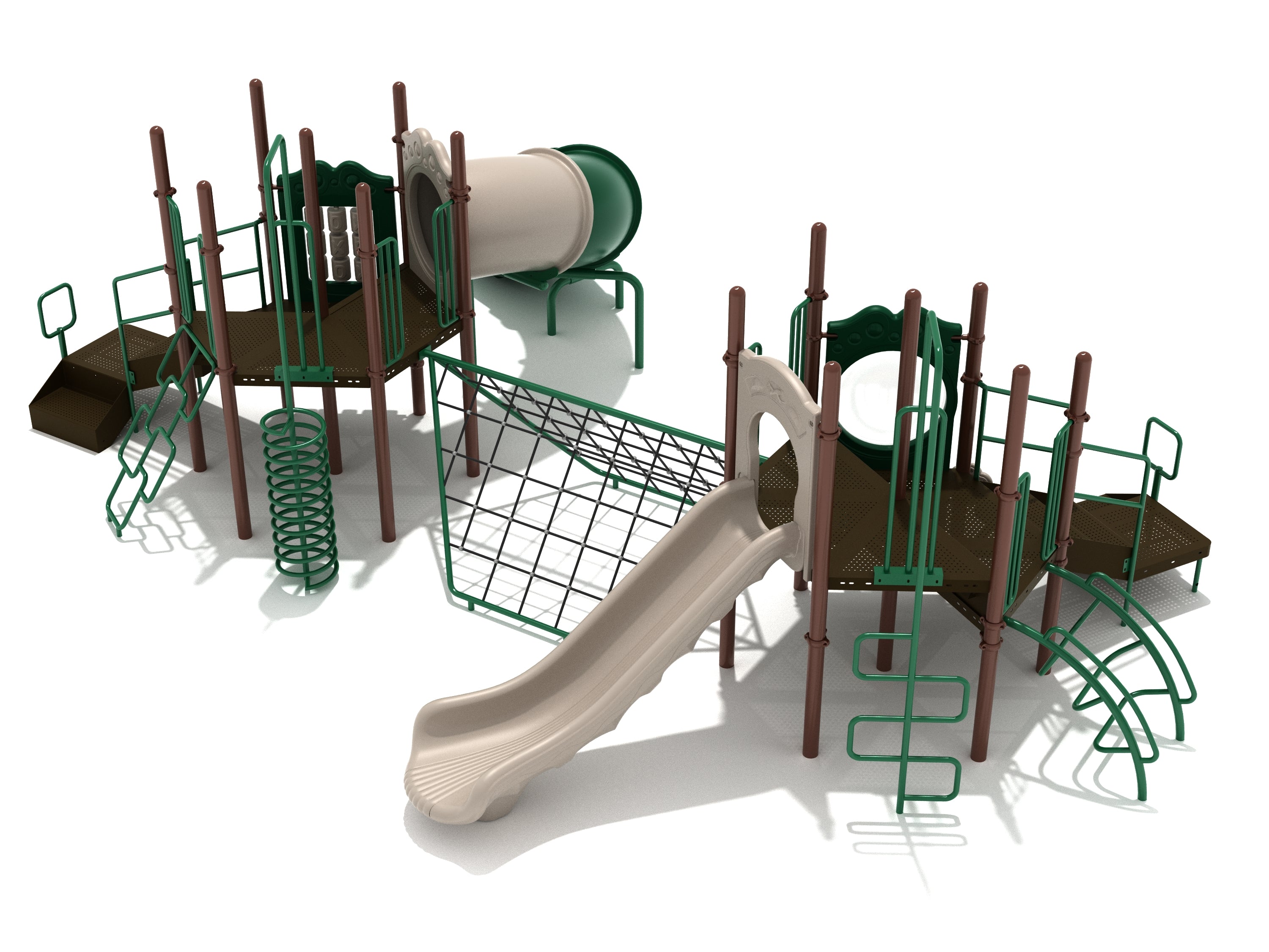 Twin-platform playground with slides, spiral and arch climbers, rope net connector, and interactive learning panels.