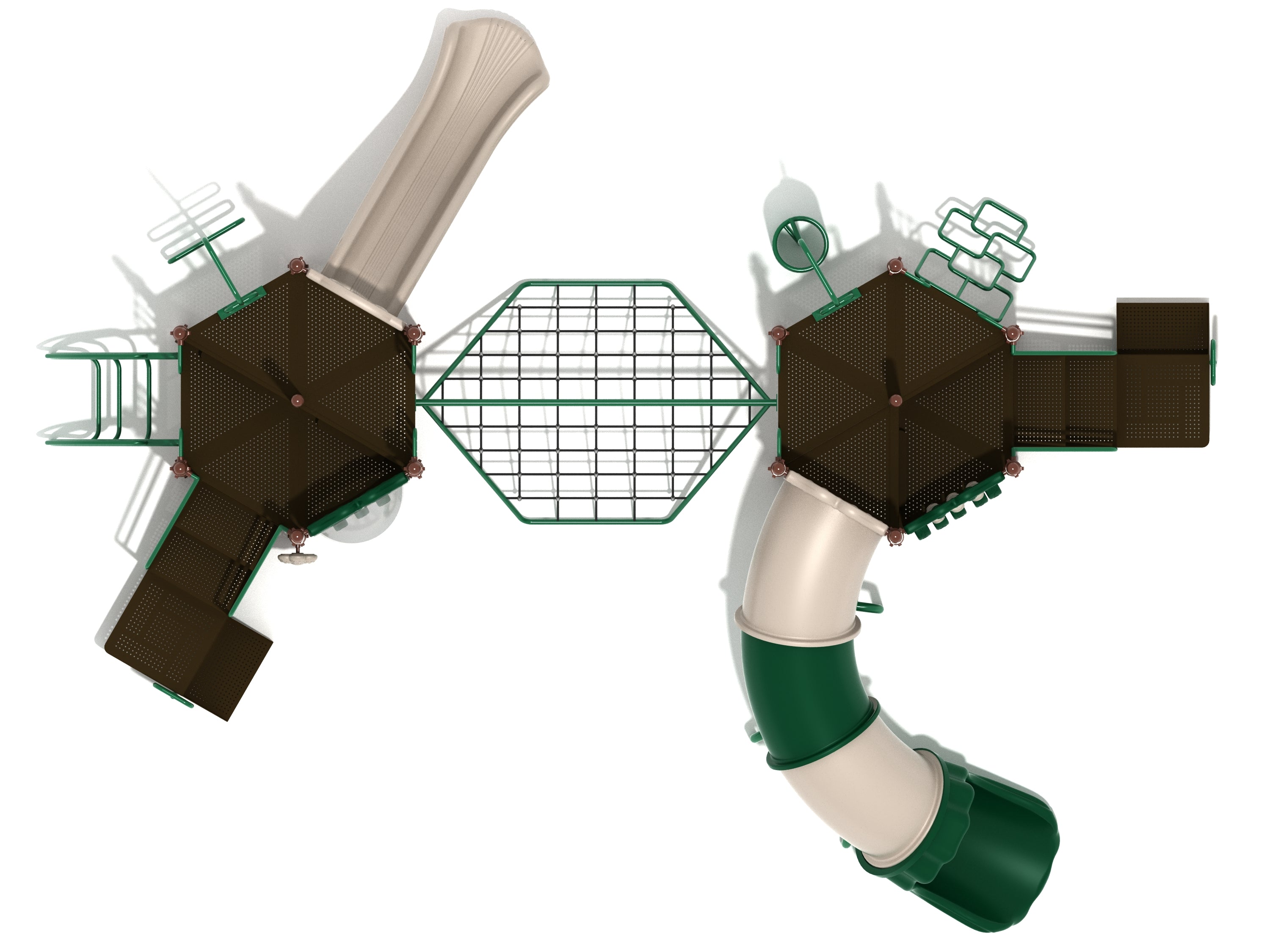Overhead view of a large playground with two hexagonal platforms connected by a rope net climber, featuring slides and climbing structures in green and beige