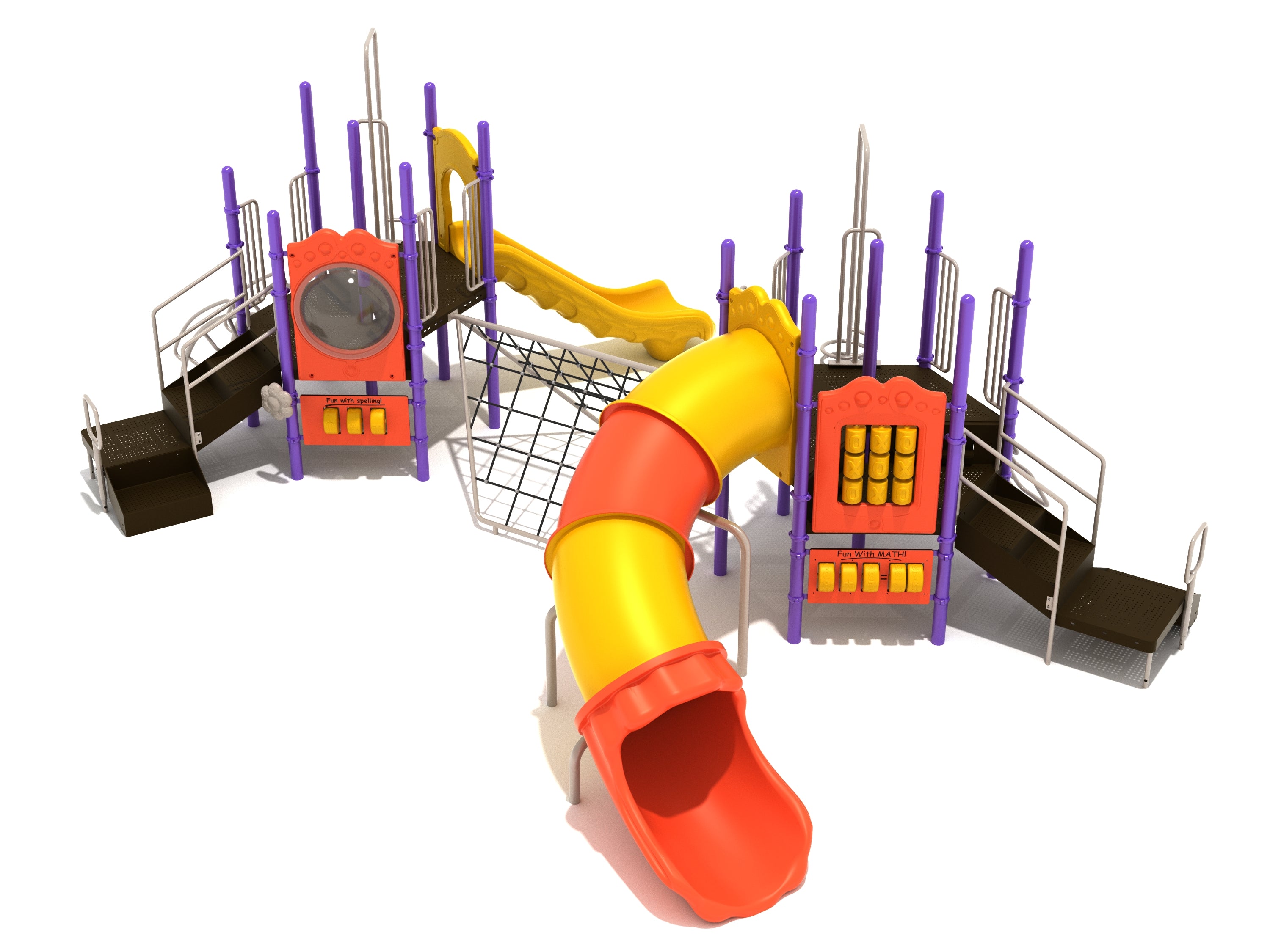 Colorful commercial playground with dual platforms, slides, spiral and snake climbers, educational panels, and connecting rope net climber