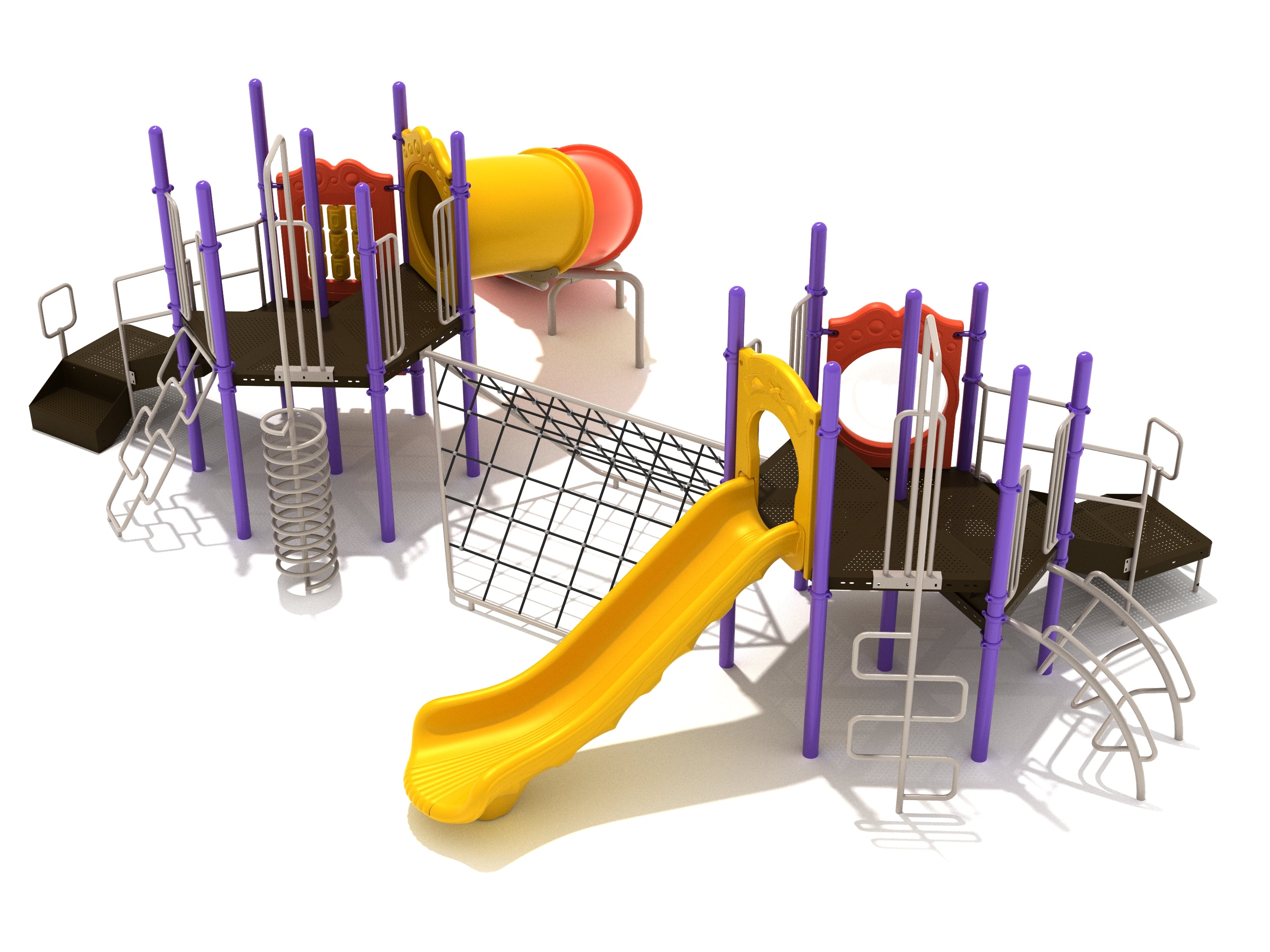 Twin purple and yellow playground structure with dual platforms, slides, climbers, and a connecting rope net climber