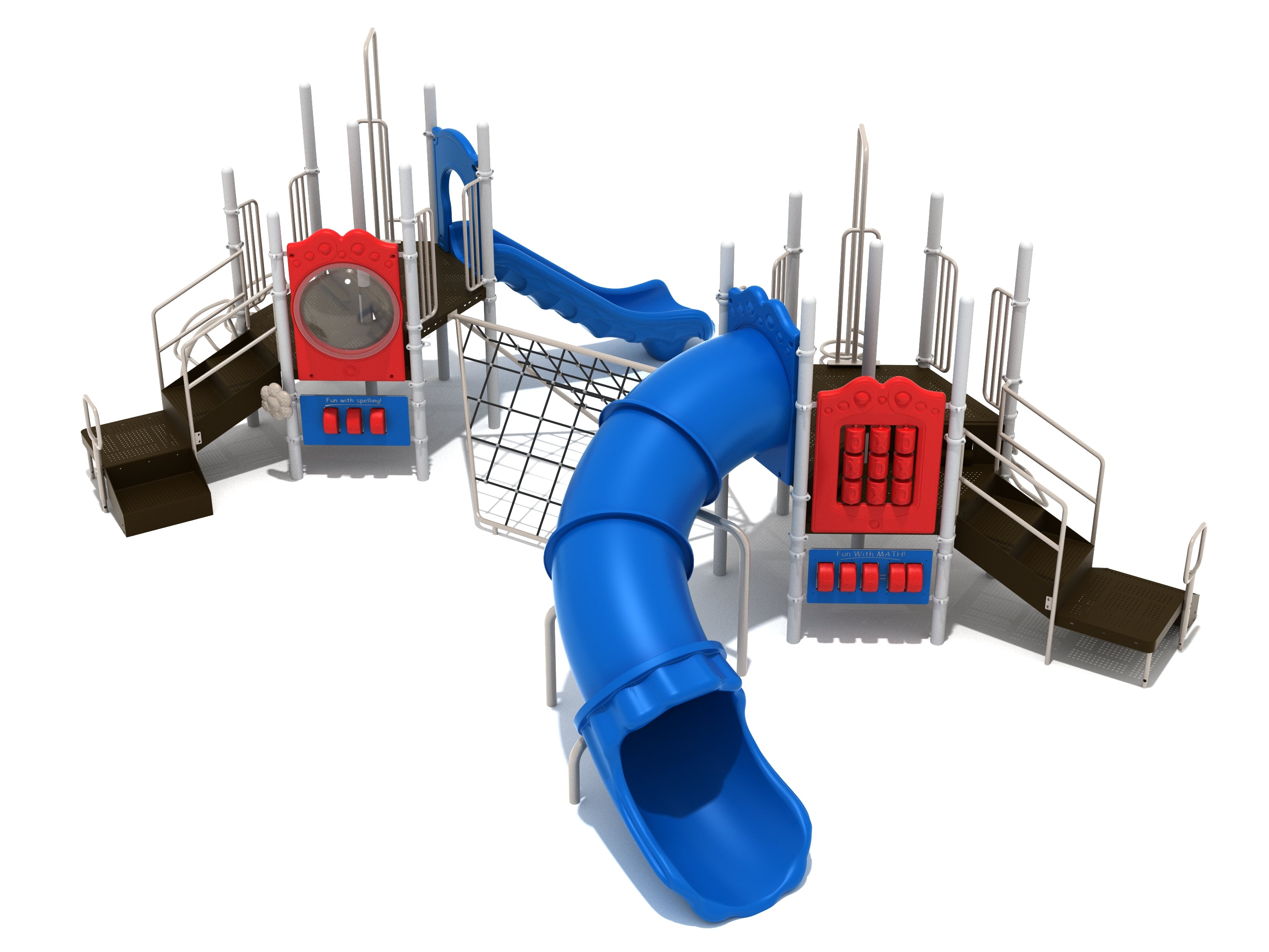 Overhead view of twin playground structure with blue slides, climbing nets, spiral and snake climbers, and educational spelling and math panels.