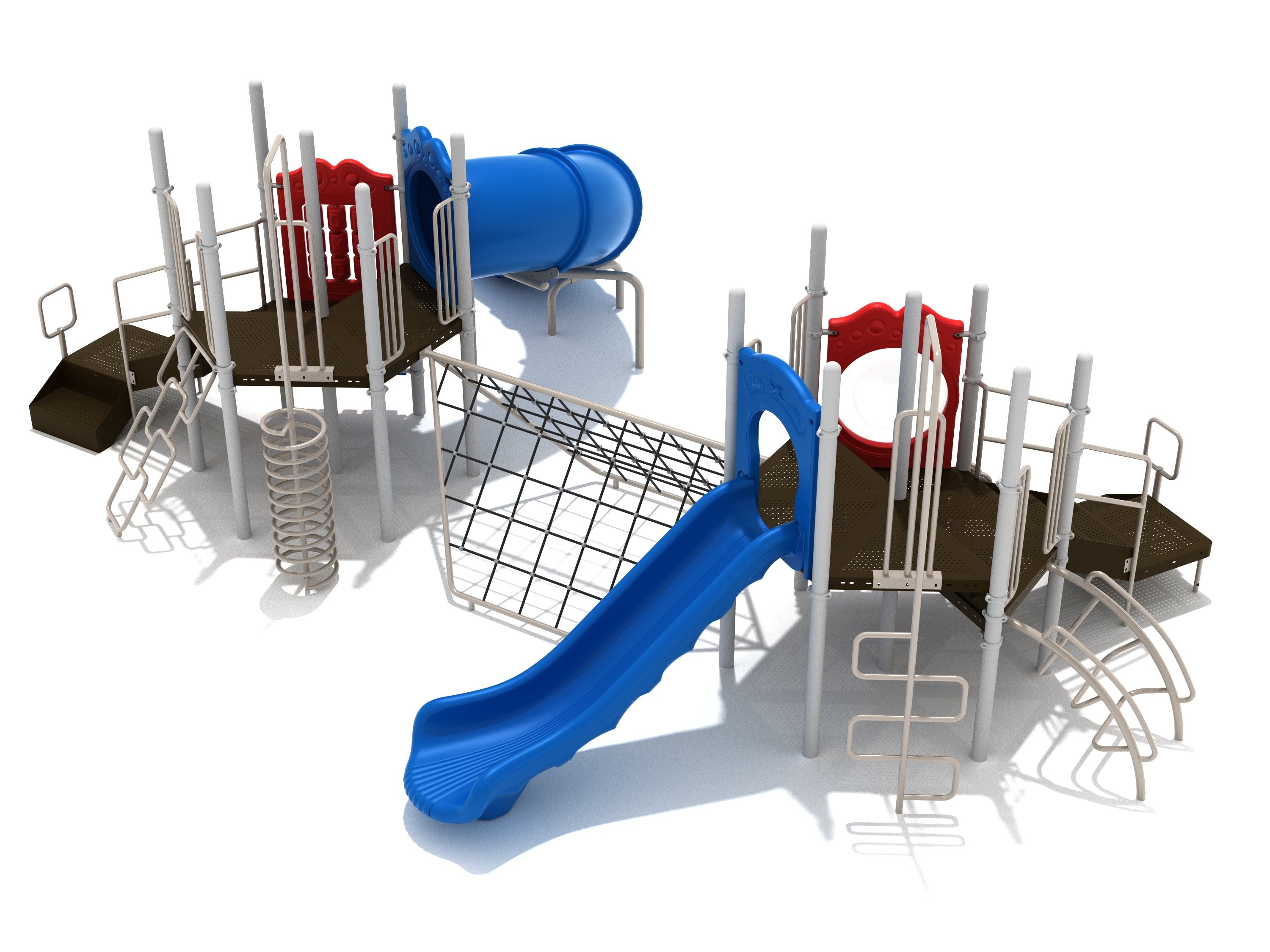 Twin connected playground with blue slides, spiral and arch climbers, climbing nets, and red educational activity panels